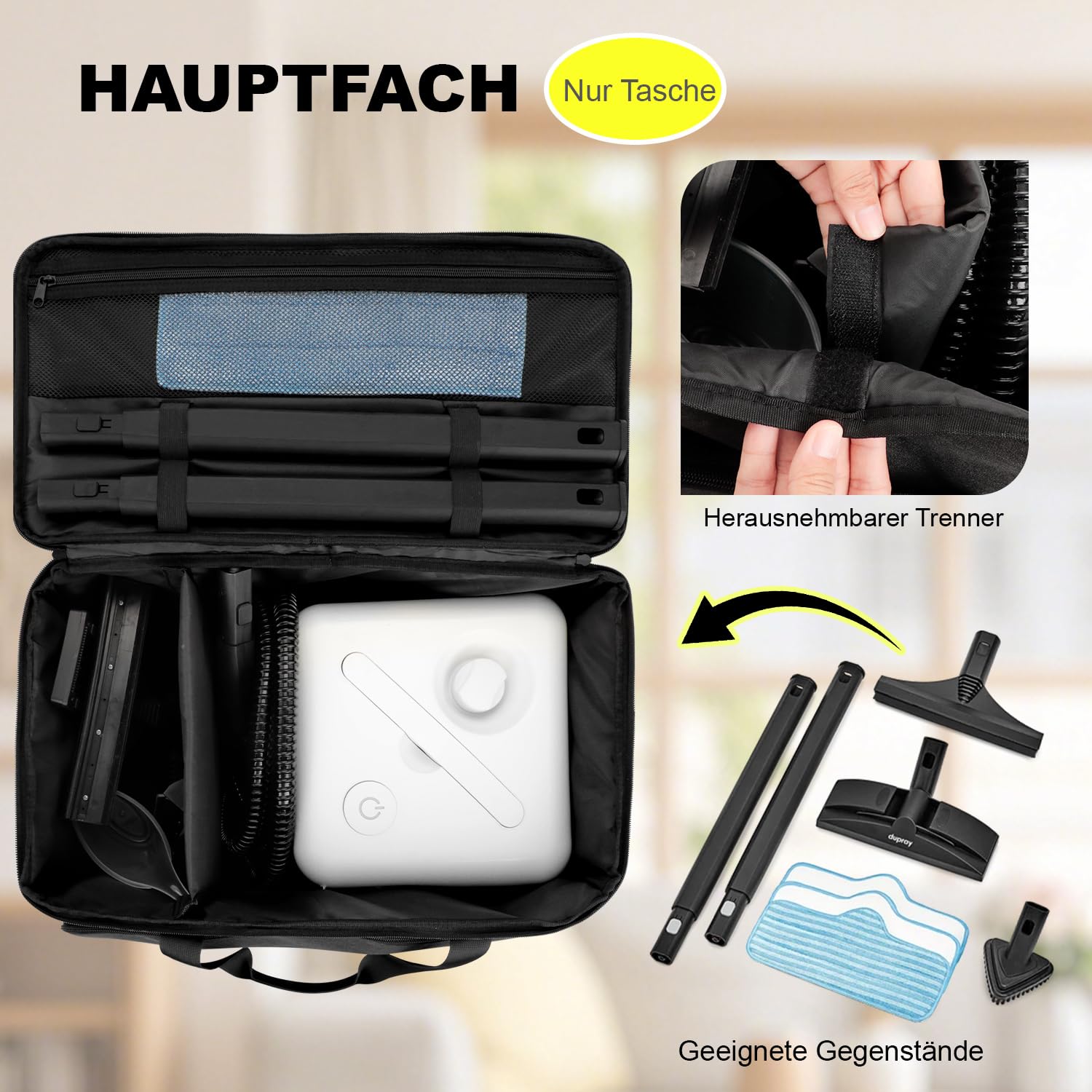 Bolsa de almacenamiento compatible con Dupray Neat & Neat Plus limpiador a vapor, bolsa de transporte para accesorios, gran capacidad con compartimentos, organizador para hogar y exterior, solo bolsa