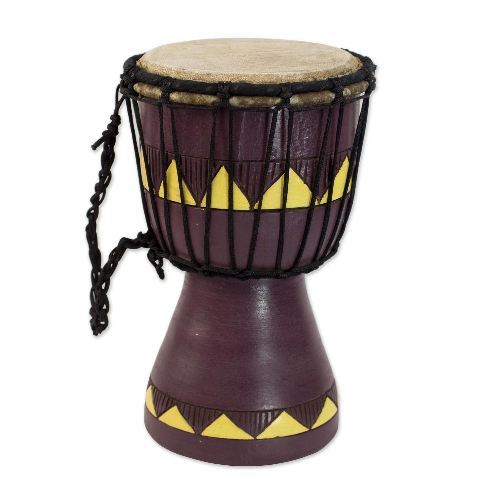 NOVICA Decorative Wood Djembe Drums, Purple and Leather 'African Aubergine'
