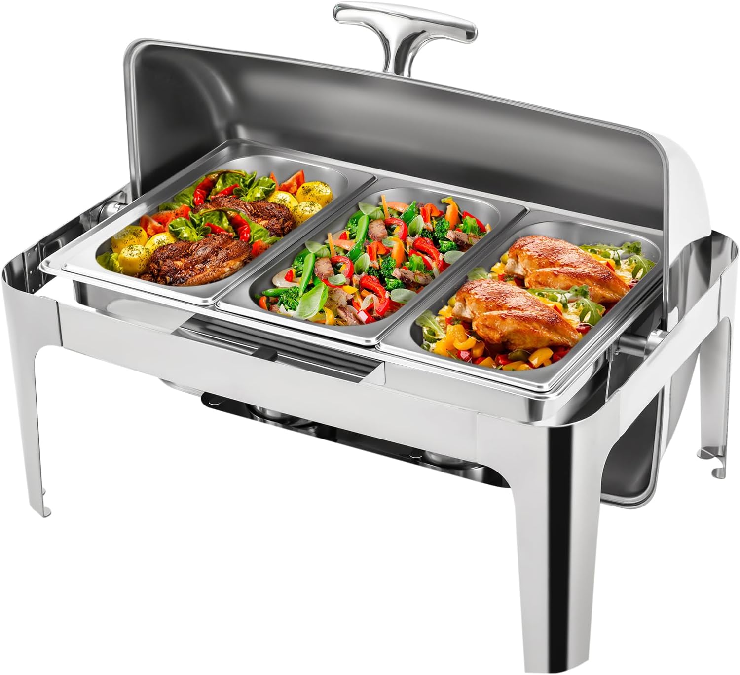 Roll Top Chafing Dishes for Buffet, 9.5Qt 3 Pan Rectangular Catering Food Warmer for Parties, Stainless Steel Buffet Server Dish W/Water Pan & 2 Fuel Cans for Catering, Weddings