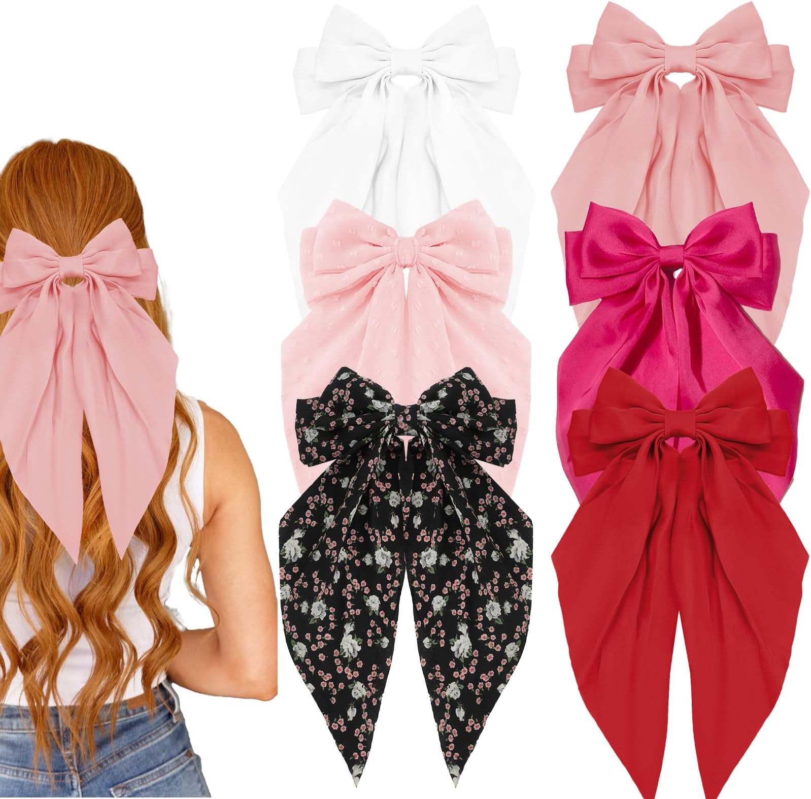 6Pcs Big Hair Bows for Women, Silky Satin Bow Hair Clips for Girls Large Hair Ribbon Barrettes Oversized Long Tail Hair Bows Cute Bow Aesthetic Hair Accessories