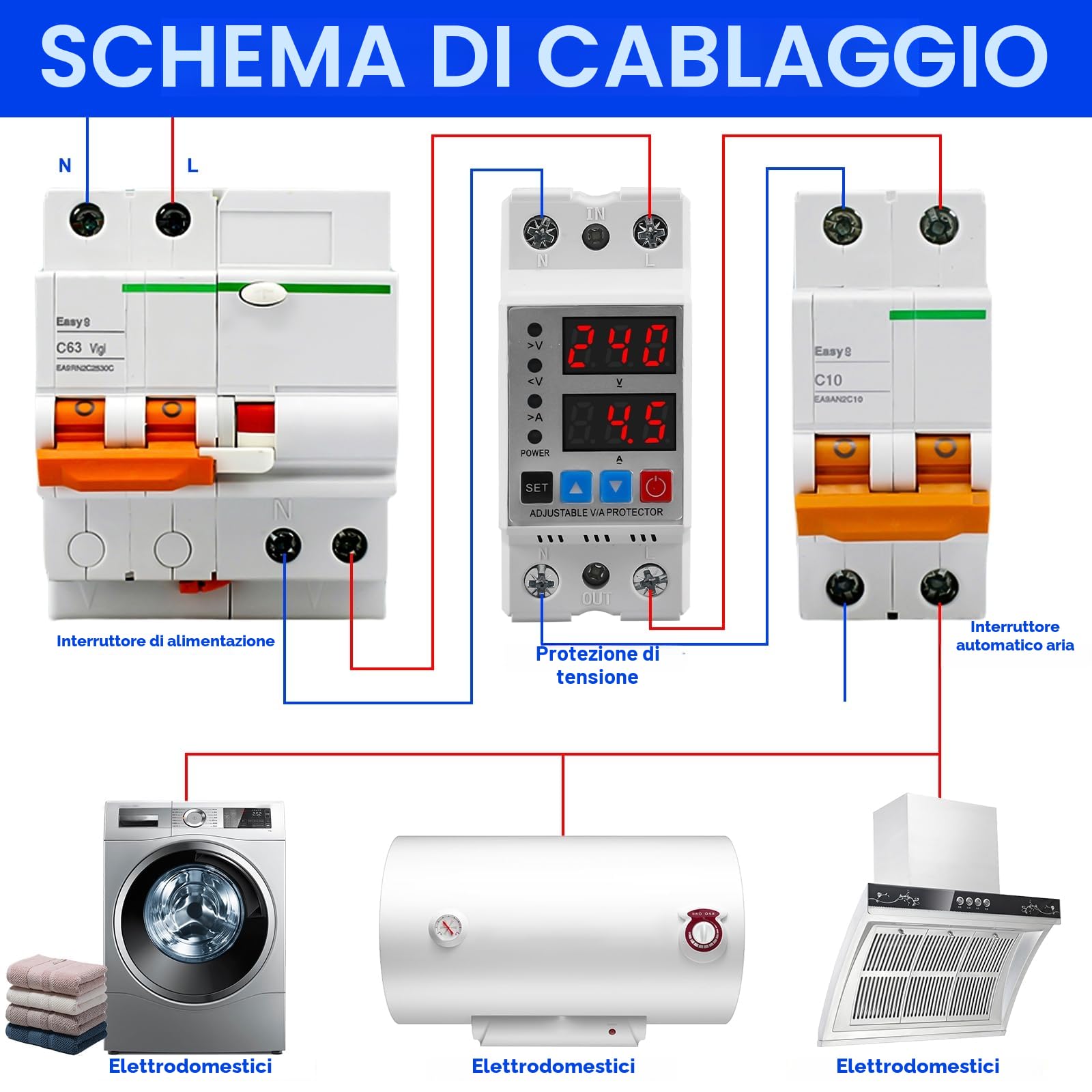 Stabilizzatore di Tensione, Protettore di Sovratensione e Sottotensione Stabilizzatore di Tensione Relè AC230V Automatico di Protezione Sovratensione 2P63A Protezione Sovracorrente