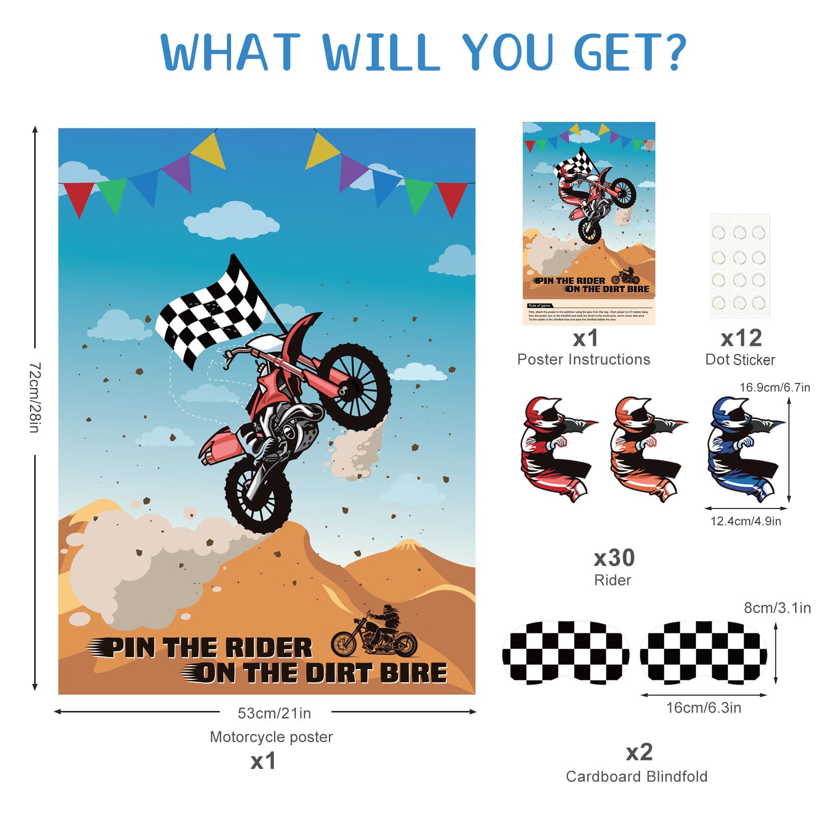 ASTARON Pin The Tail Games Pin The Rider on The Motocross Party Game con 30 adesivi per driver per Dirt Bike Forniture per feste a tema, feste per ragazzi e ragazze, sfondo per baby shower, regali di