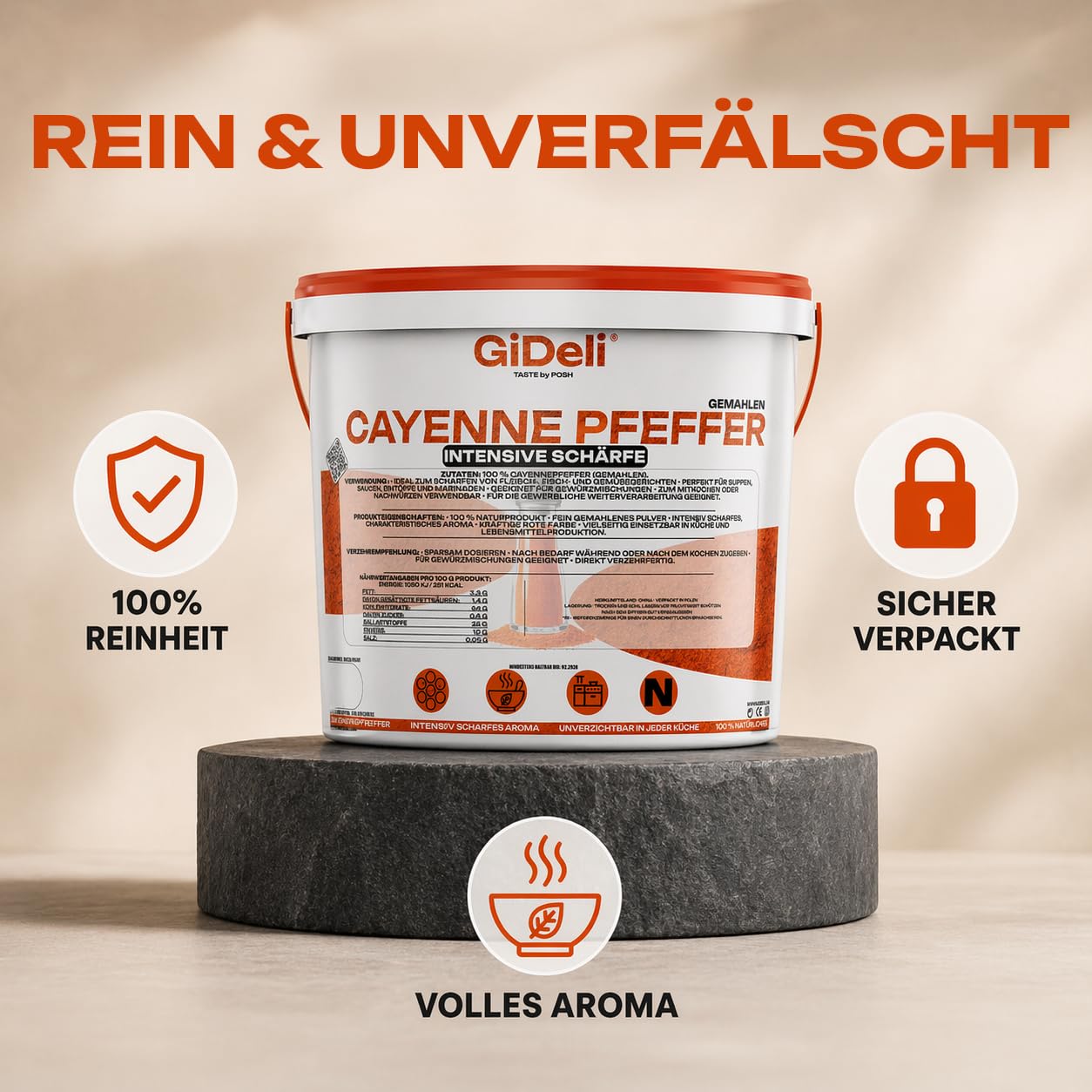 GiDeli Cayenne Pfeffer 10kg im Eimer - Fein Gemahlenes Chilipulver für Fleisch, Fisch, Suppen und Soßen - Mexikanische und asiatische Küche - Scharf Intensiver Geschmack - 100% Naturprodukt