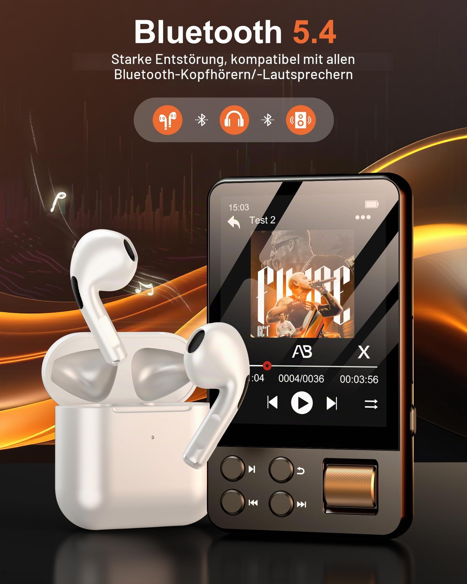 MP3 Player Bluetooth 5.4 mit vorinstallierter 128GB TF-Karte | MP3 Player Kinder mit Kopfhörer, 2,4 Zoll Touchscreen, für Audible Hörbücher, HiFi Klang, FM Radio, Sprachrekorder, TXT eBook