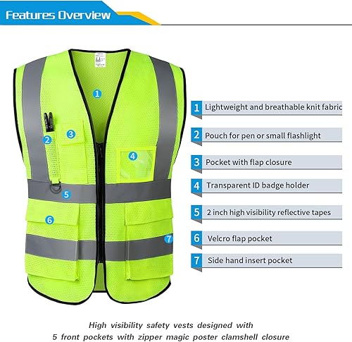 Miniatura 2 de Chaleco MeshSafety para mujeres y hombres cumple con los estándares ANSI con tiras reflectantes con bolsillos y cremallera para topógrafo