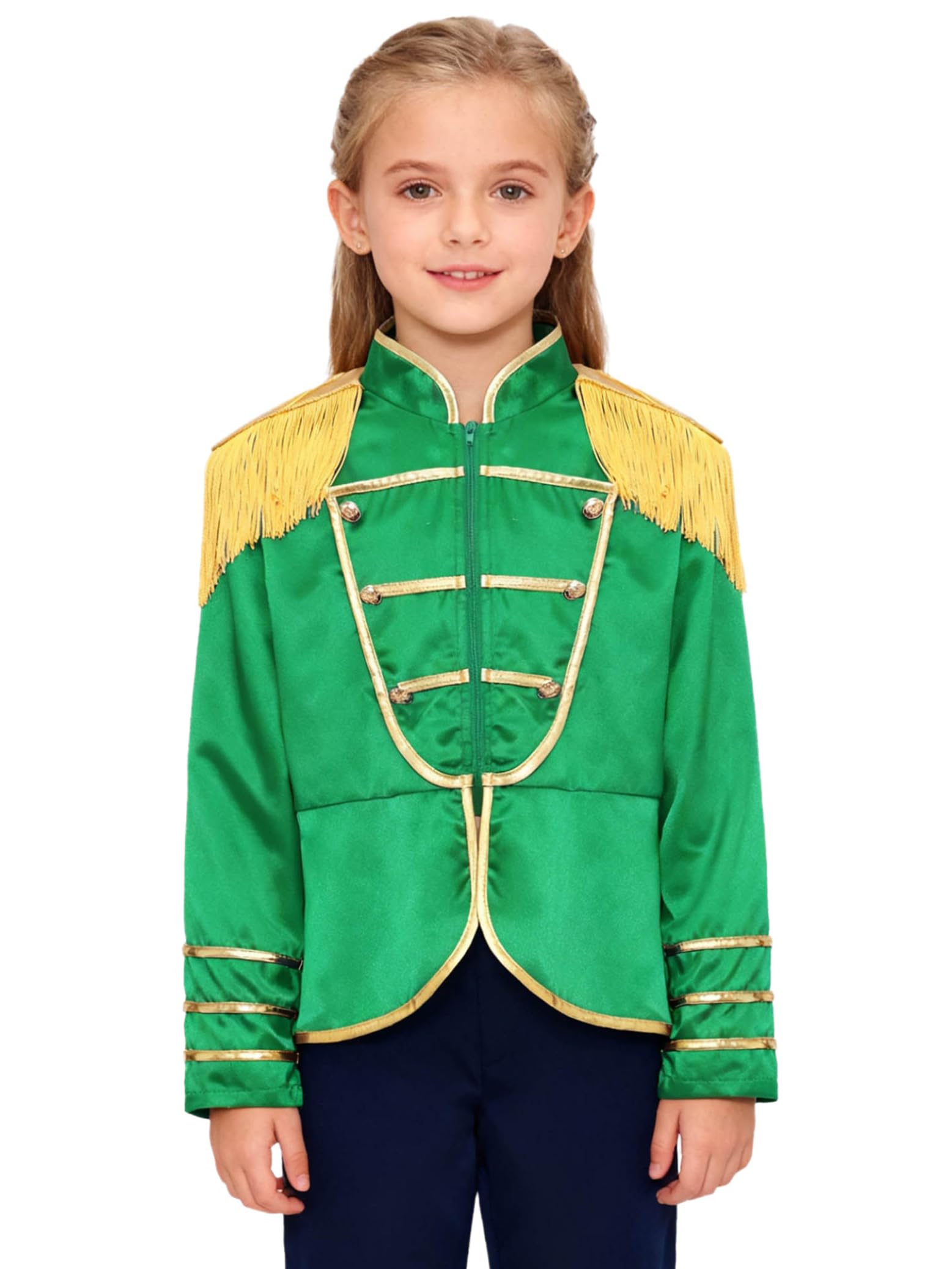 Manyakai Kids Royal Honor Guard Outfits Drummer Marching Band Costume Guard Long Sleeve Fringe Tassel Jacket Coat Green 15-16 Years