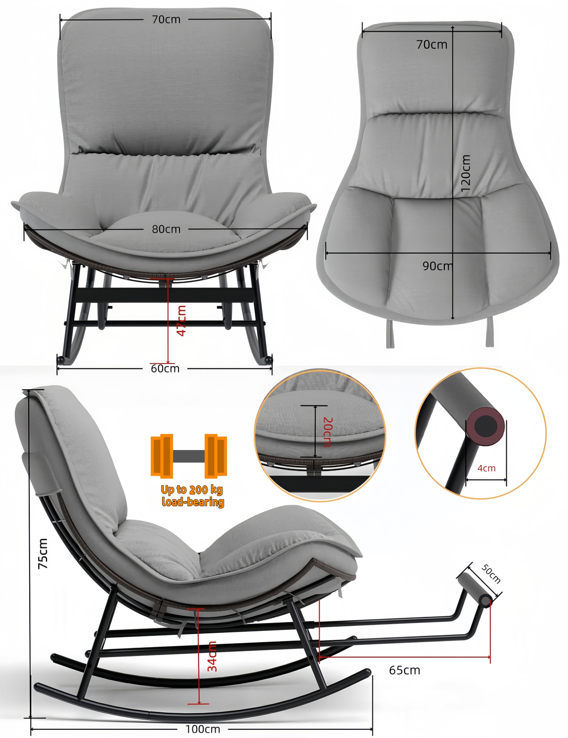 Mecedora con Extensible Reposapiés & Cojín Extraíble, Sillón Mecedora Relax Ergonómico, Carga 200KG Extragrande, Rocking Chair Ratán Resistente Intemperie para Interior y Exterior, Jardín, Salón
