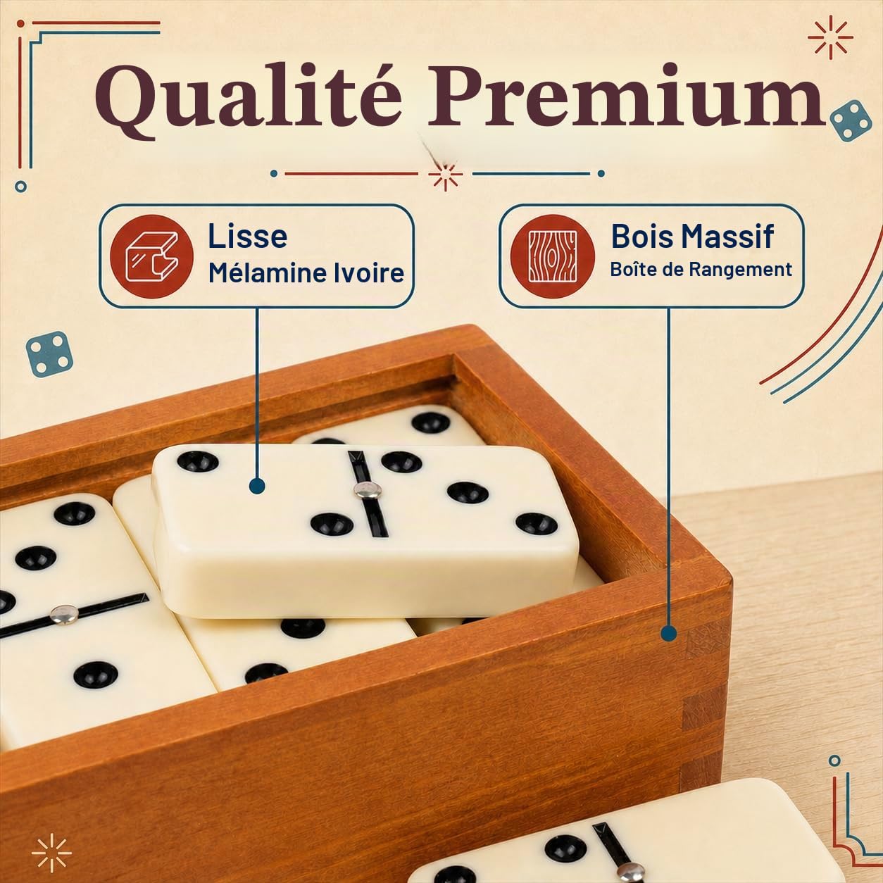Smilejoy Dominos pour adultes – Dominos de taille Jumbo Double Six Edition – Jeux de société classiques – Ensemble de dominos épais double 6 avec boîte en bois marron de luxe, 28 carreaux (2 à 4