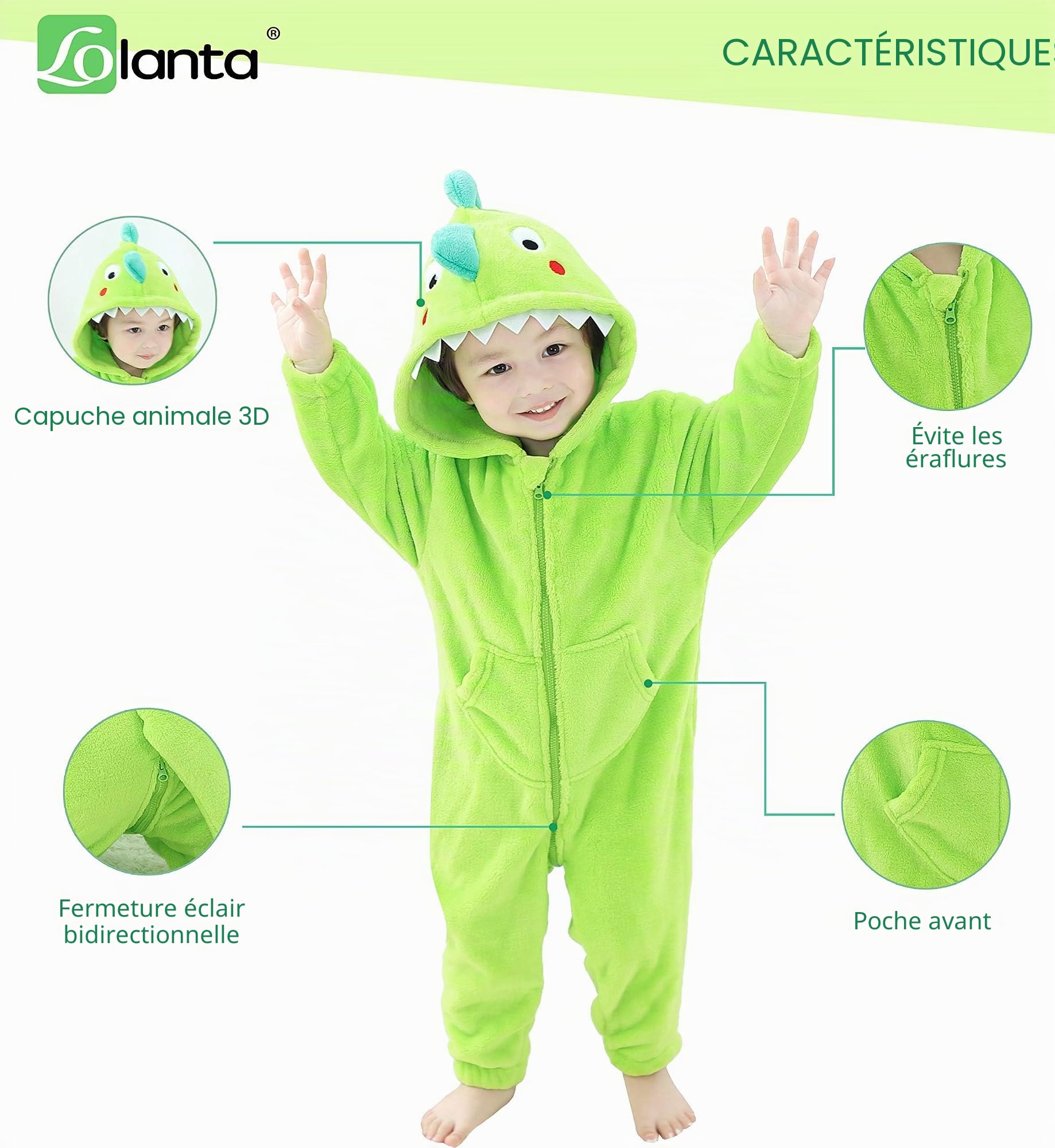 LOLANTA Déguisement Dinosaure Enfant, Animal Combinaison en Flanelle à Capuche pour Garçons Filles