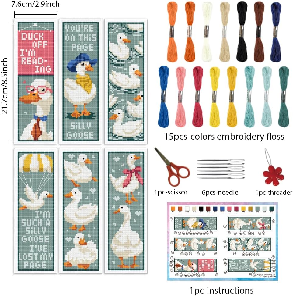INFUNLY 6PCS Duck Cross Stitch Bookmark Kit for Beginners 2.99''×8.54'' Duckling Stamped Embroidery Bookmark Kits with Words Animals Needlepoint Bookmark Kit with Instruction for Book Lovers Readers