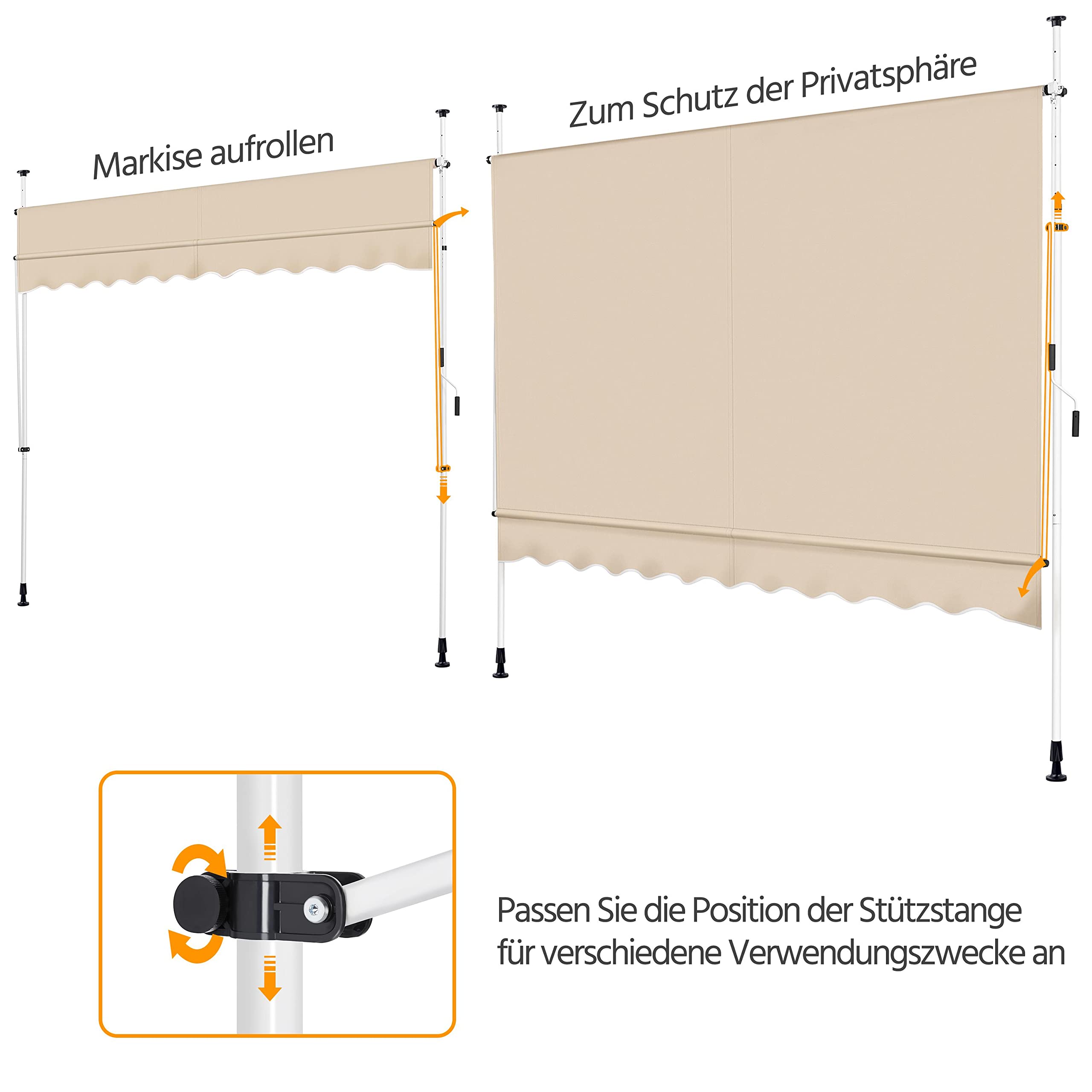 Yaheetech Tenda da sole da balcone, larghezza 300 cm, con manovella, protezione solare senza fori, regolabile in altezza, con struttura, colore beige