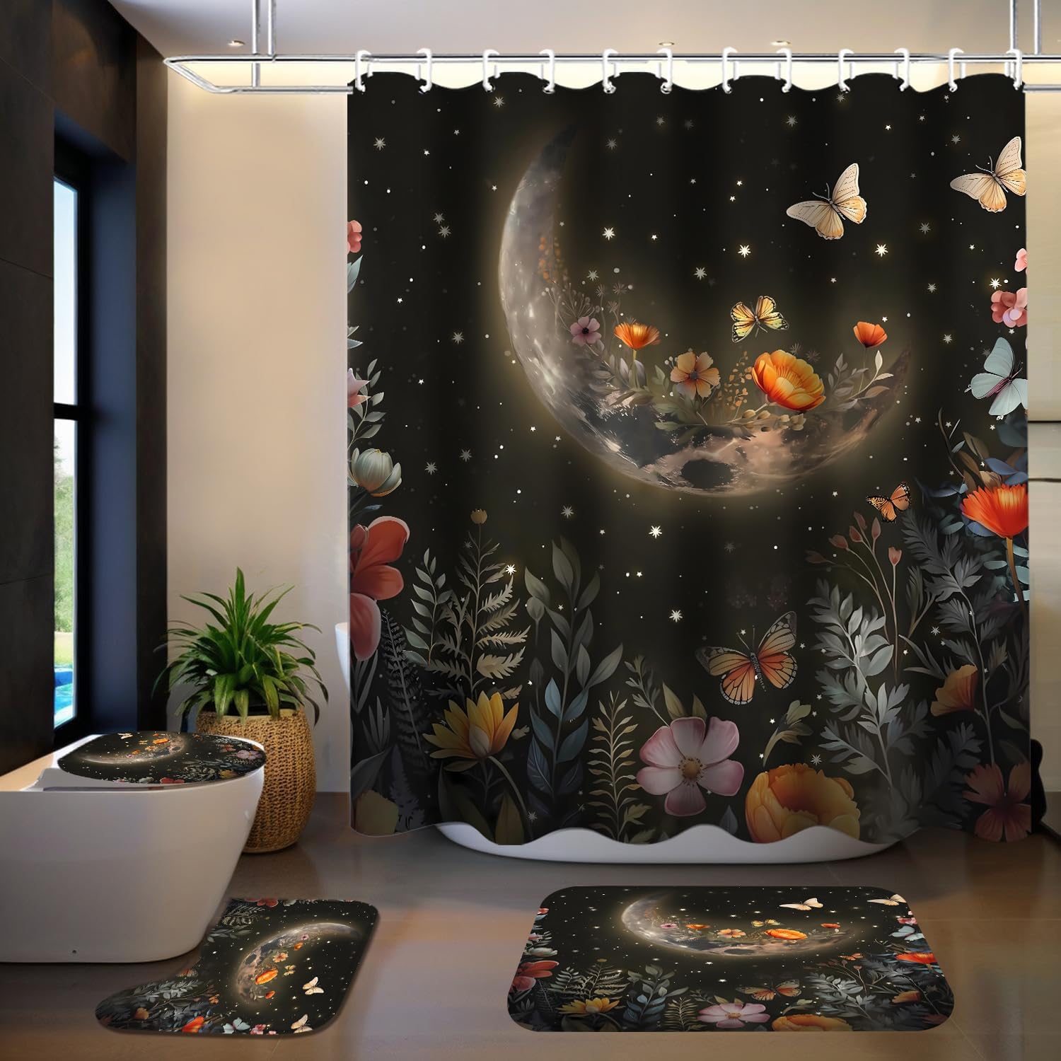 LQCOOL Shower Curtain Set 4 Pcs Black Moon Bathroom Sets with Shower Curtain and Rugs Bathroom Decor Set with 12 Hooks