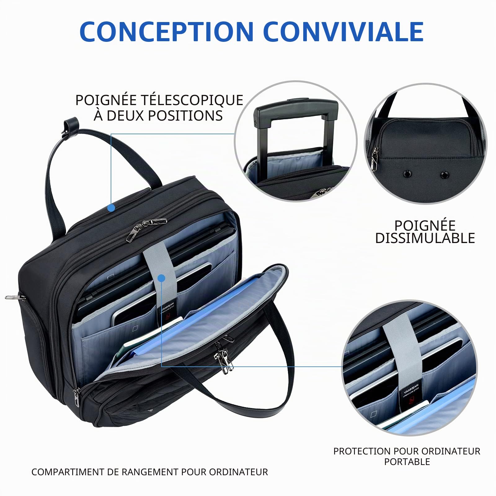 VANKEAN Sacoche à roulettes pour Ordinateur Portable pour Femme, Sac de Voyage à roulettes de qualité supérieure pour Ordinateur Portable jusqu'à 15,6 Pouces, Mallette étanche avec Poches RFID