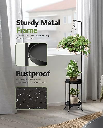 Miniatura 4 de Soporte para plantas colgantes para interiores y exteriores, estante esquinero de metal para 3 macetas, 2 niveles de 61 pulgadas de alto, moderno