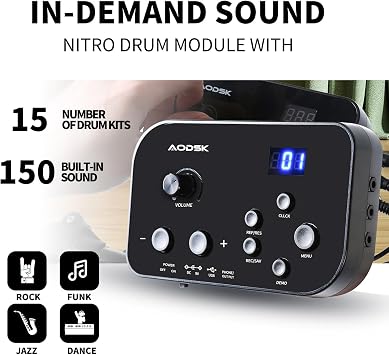 AODSK Electric Drum Set For Beginner 150 Sounds,4 Quiet Drum Pads,2 Pedals