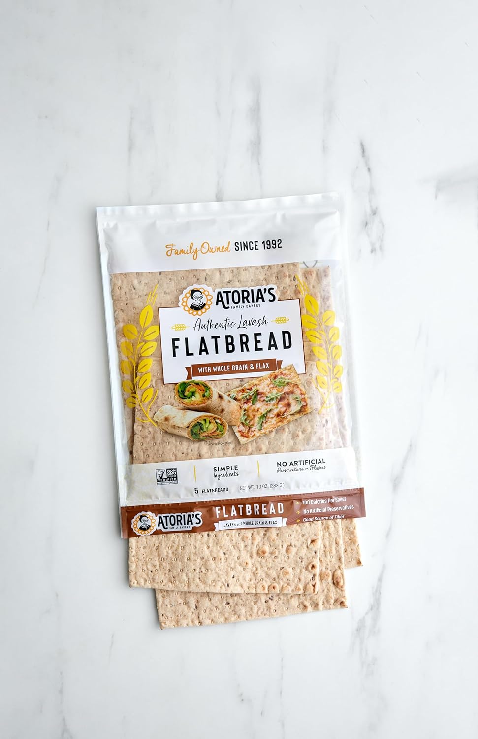 Atoria's Family Bakery Whole Grain Lavash Flatbread, 5 Count 10 oz - Low-Fat, Vegan, Non-GMO Wraps & Pizza Base