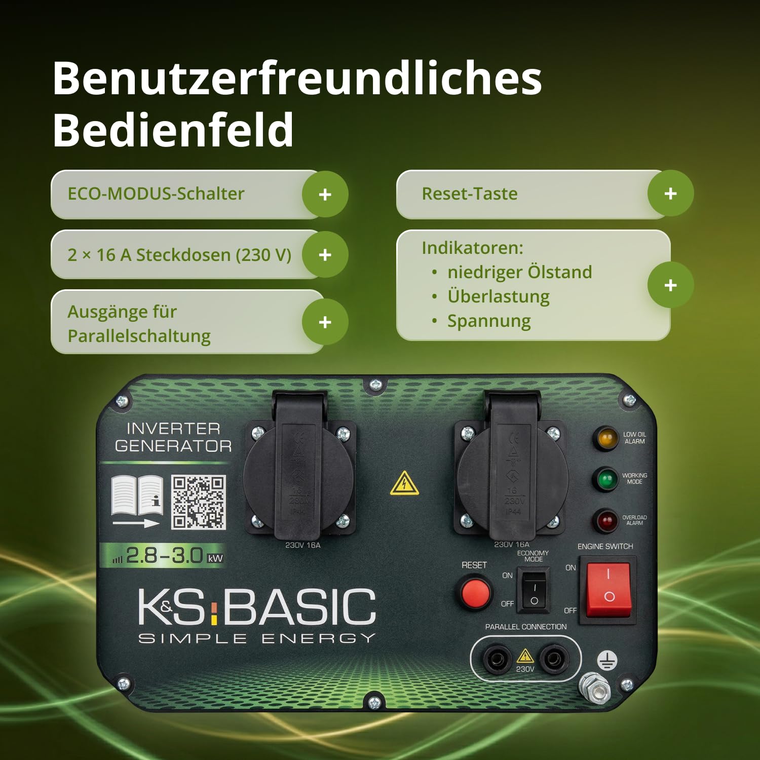 K&S BASIC 28i Inwerterowy generator 3000 W, agregat prądotwórczy na benzynę, agregat prądotwórczy 230 V z czystą falą sinusoidalną, generator prądu z trybem Eco i równoległym działaniem, moc