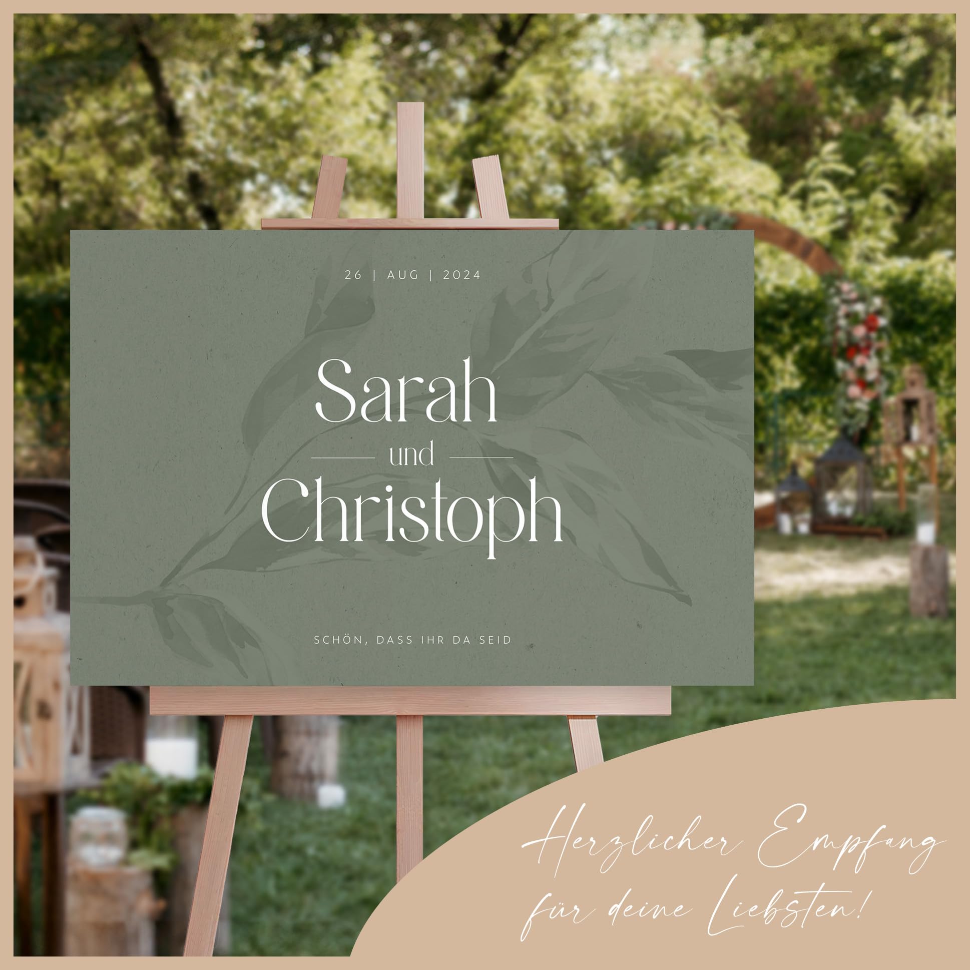 Willkommensschild Hochzeit Grün mit Datum und Namen, personalisierte Hochzeitsdeko, Willkommen Schild, Eukalyptus, Leinwand, 60x40 (HEI Print)