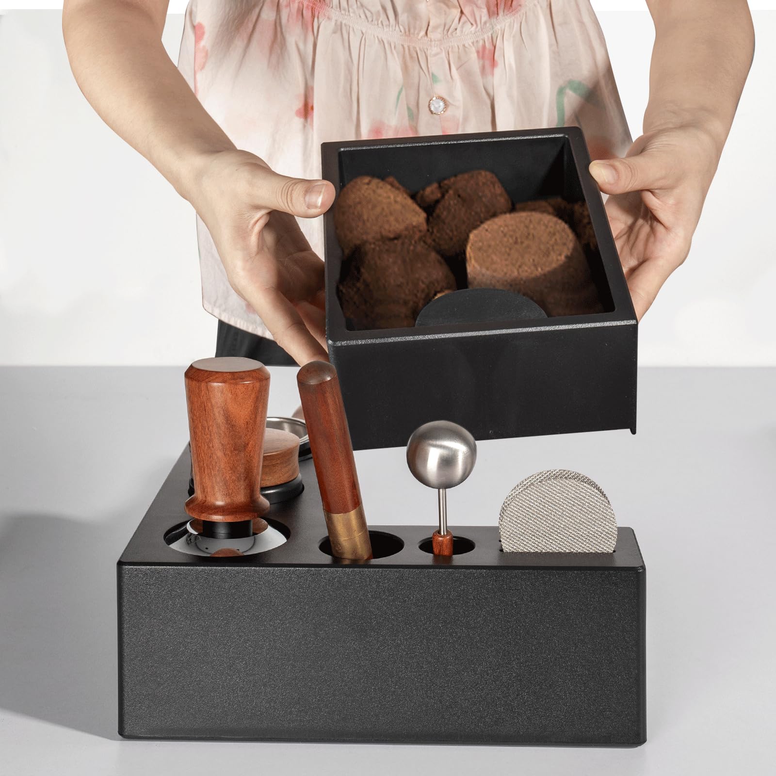 Stazione Tamper, Tamper Station in ABS per Portafiltro da 51–58 mm, per Macchina da Caffè Espresso Barista,Stazione Tamper a Cassetto, Coffee Tamping Station,Barista Station