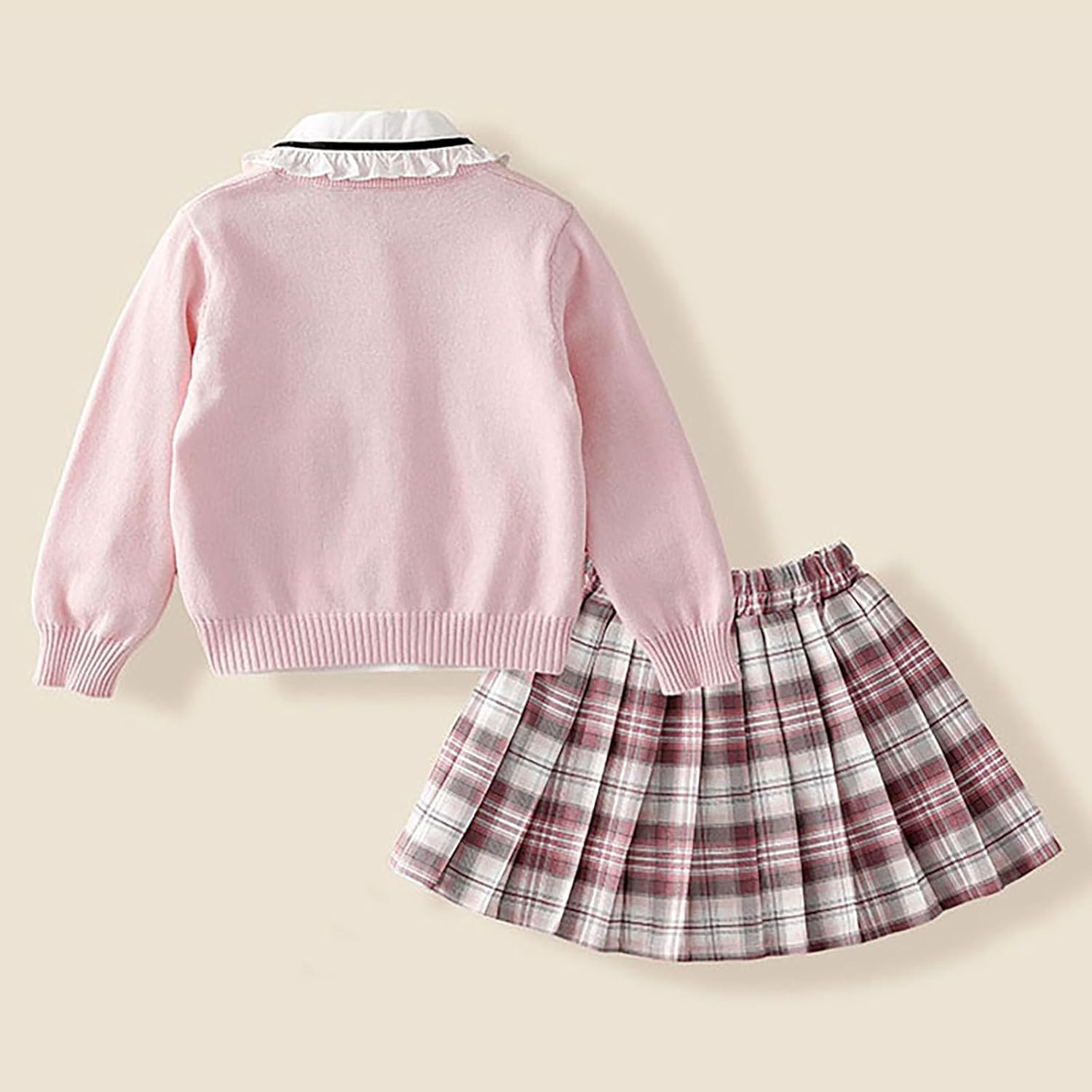 Cartoon Girls' JK School Uniform Set Cardigan Sweater + Plaid Pleated Mini Skirt + Long Sleeve Blouse with Bow Tie