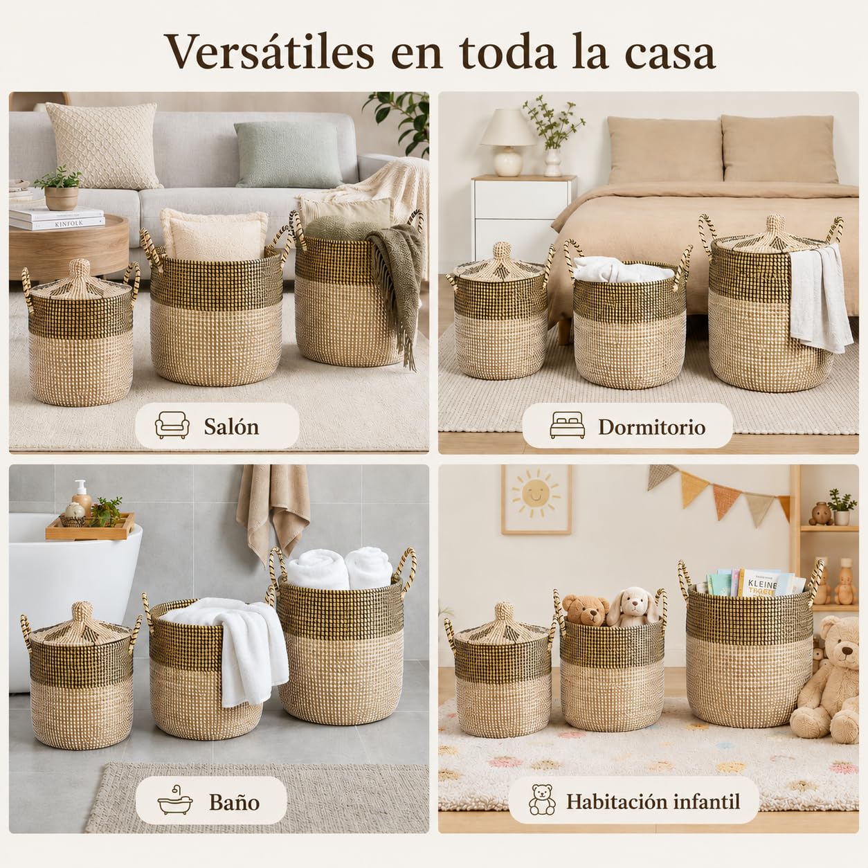 Pack 3 Cestas para Ropa Sucia y Almacenamiento, Cesta Tejida de Hierba Marina Artesanal Vietnam (76L/43L/26L) con Asas, Tapa y Forro Desmontable Lavable, Multiusos Salón Dormitorio Cocina Baño
