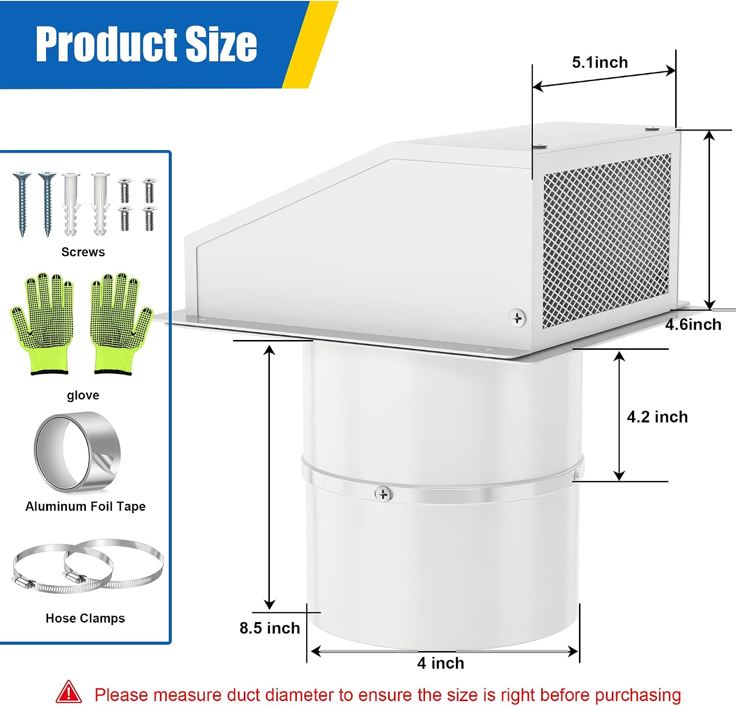 4 Inch Dryer Vent Cover Outside Hooded Wall Vent with Screen and Damper,Galvanized Steel Wall Mount Extractor Vent Cap Exhaust Vent for Bathroom/Laundry/Kitchen/Dryer Duct AC Air Ventilation, White
