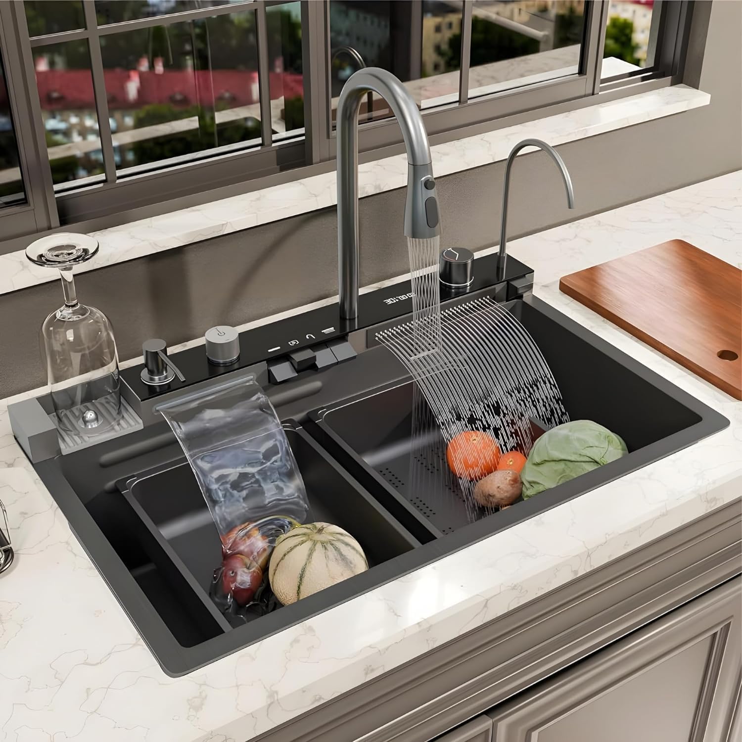 THE SINK SHOP Piano Switch Stainless Steel Multifunction Kitchen Sink 30x18x10 LED Digital Display & RO Tap Multifunctional Sink | Honeycomb Design Smart Sink with Waterfall Faucet-image-46