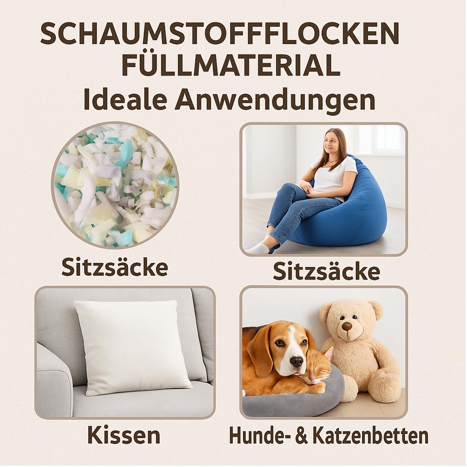 Schaumstoffflocken 5kg Füllmaterial für Kissen, Sitzsäcke und Polster – Weiche Schaumstoff Füllung für DIY, Möbel und Heimtextilien