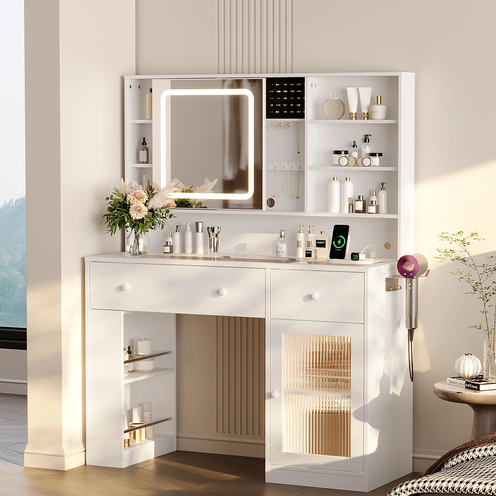 glitter dressing table VINGLI Vanity Desk with Sliding Mirror and Lights, Glass Top Makeup Vanity w/Glass Cabinets w/Hidden Jewelry Storage & Power Outlets & Hairdryer Holder, 43in White Table Gifts Girls color:Green