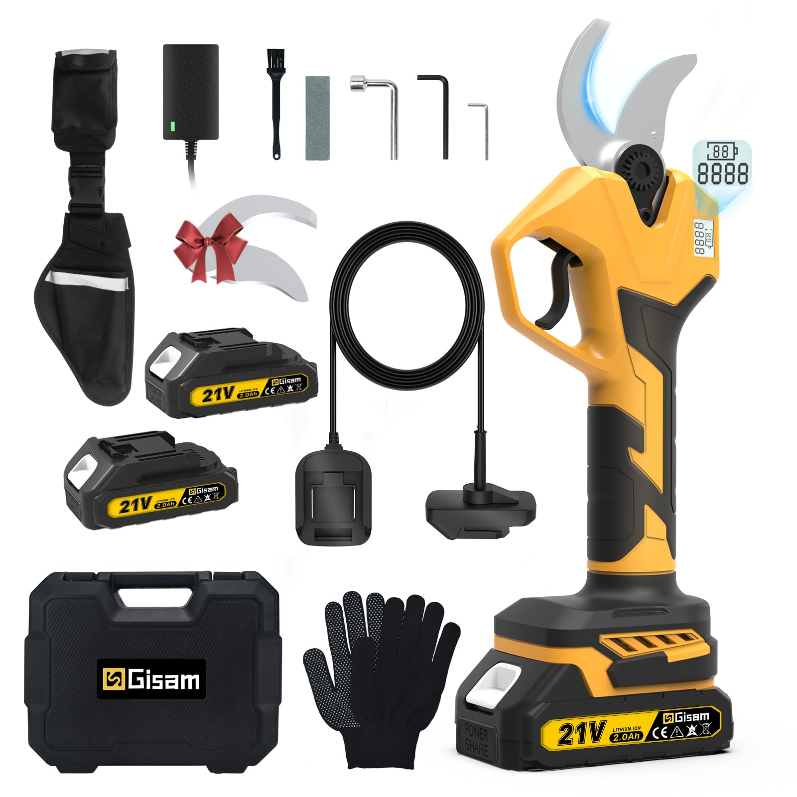 Secateur Electrique Professionnel, Gisam 60MM Secateur Electrique Sans Fil Elagueuse Electrique avec Batteries Rechargeables & LED Écran, Soutient le Réglage de L'ouverture (1-Avec 2 x 2Ah Batterie)