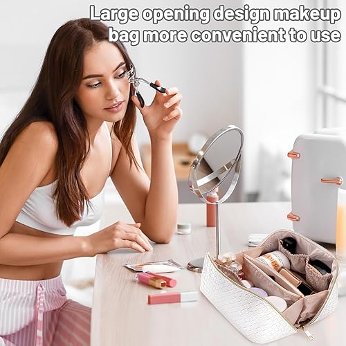 Miniatura 3 de Bolsa de maquillaje  Bolsa de cosméticos de viaje de gran capacidad, portátil de cuero impermeable, bolsa de maquillaje de viaje para mujer, con asa