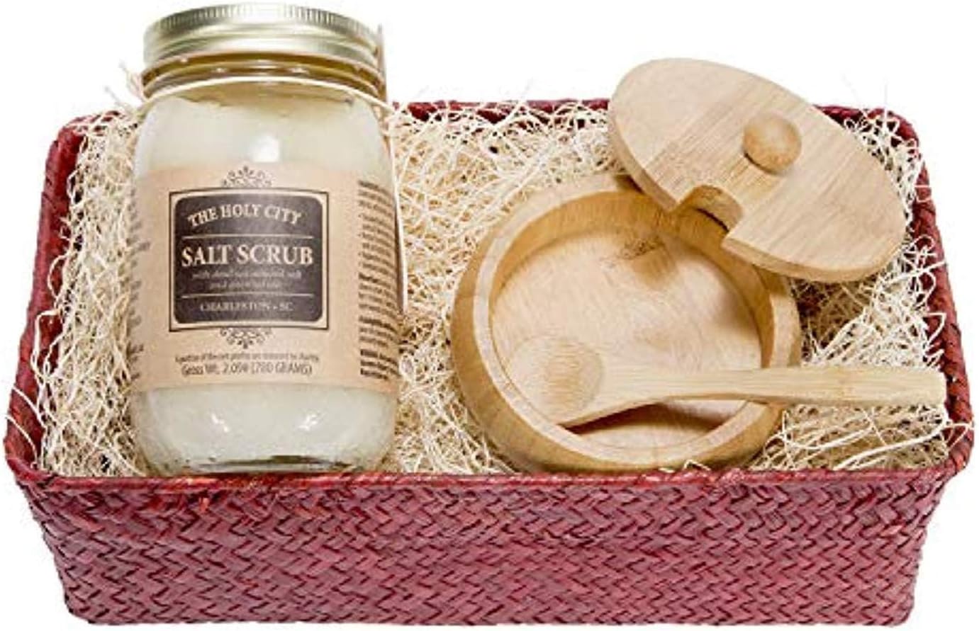 Revitalizing 16 0z Dead Sea Salt Hand And Body Scrub Gift Basket Set With Wooden Bowl, Spoon Set in a Red Basket 10.5 x 5 inch (Coconut)