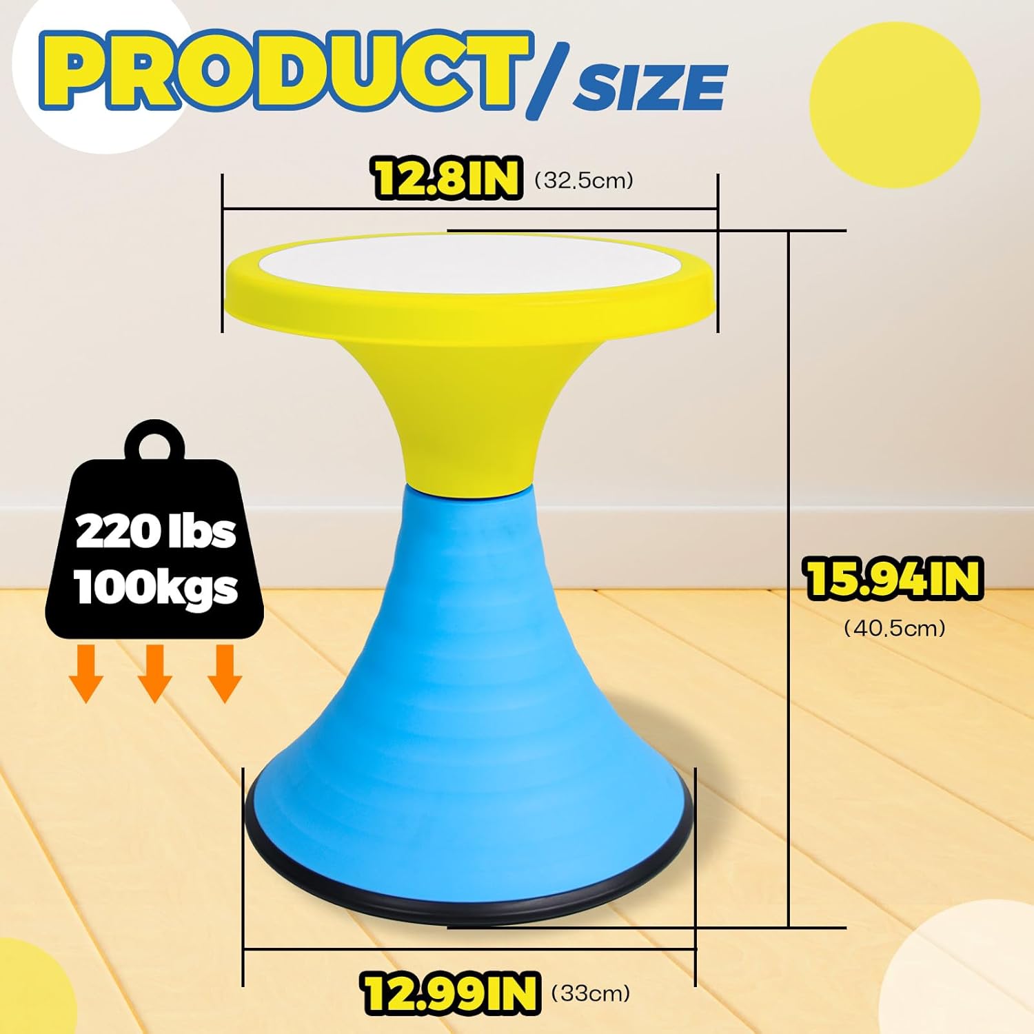 kids wobble stool, 360° rotatable children swivel chair with color block design, 100kg load bearing, for home and classroom learning, ages 6+ (yellow)