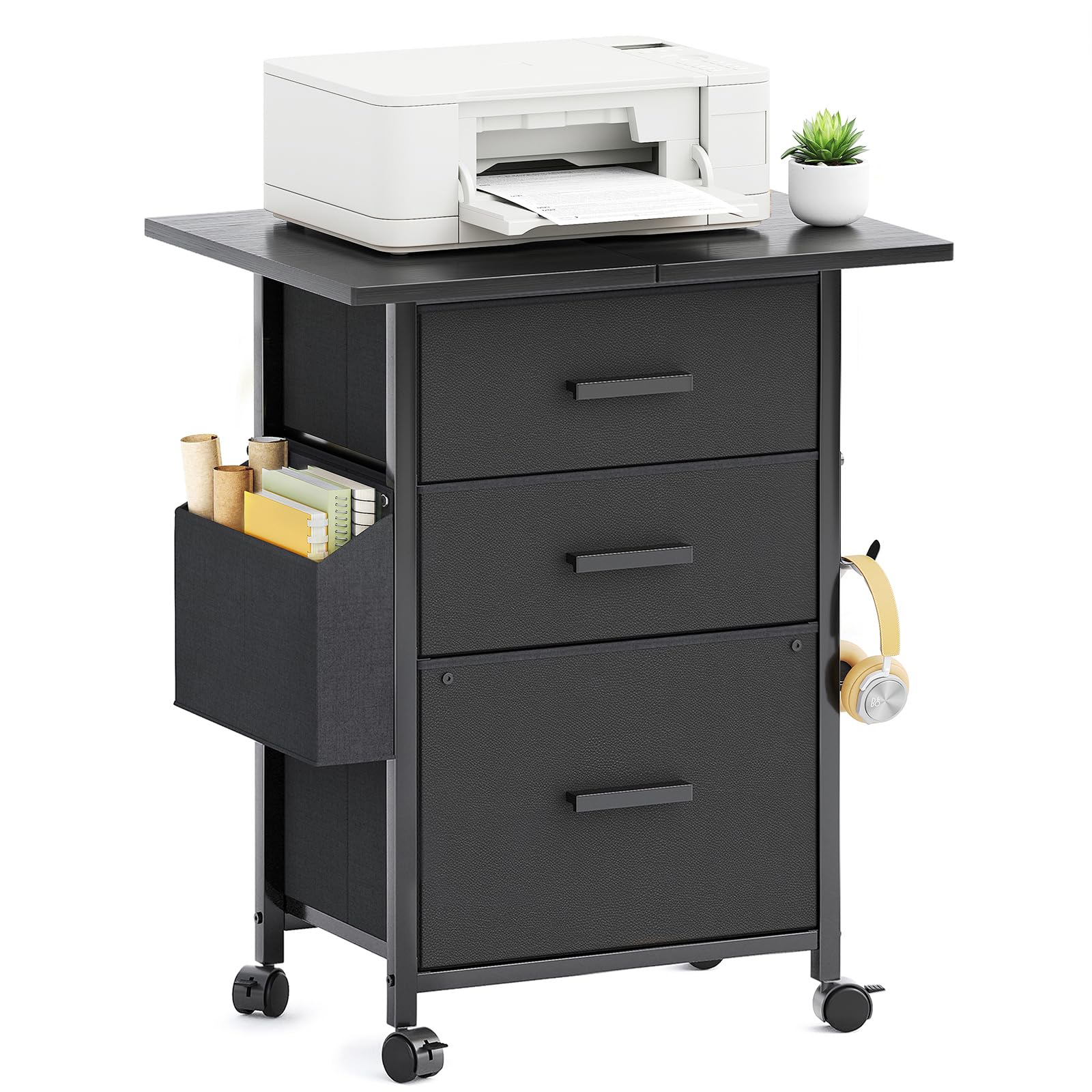 CAIYUN Archivador con Ruedas con 3 cajones y Ruedas para Documentos A4, tamaño Carta, Soporte para Impresora con un Ancho de 56 cm, diseño Industrial, Color Negro