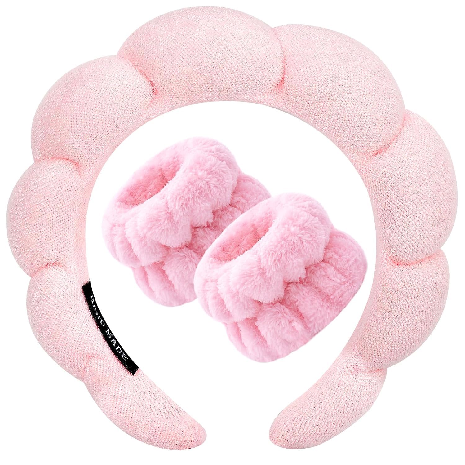 VIRADHAM Spa Headband and Wrist Washband Set β Soft Microfiber Absorbent Wristbands for Women | Girls β Prevent Water Drips During Skincare, Makeup, or Face Washing (Pink, One Pair)