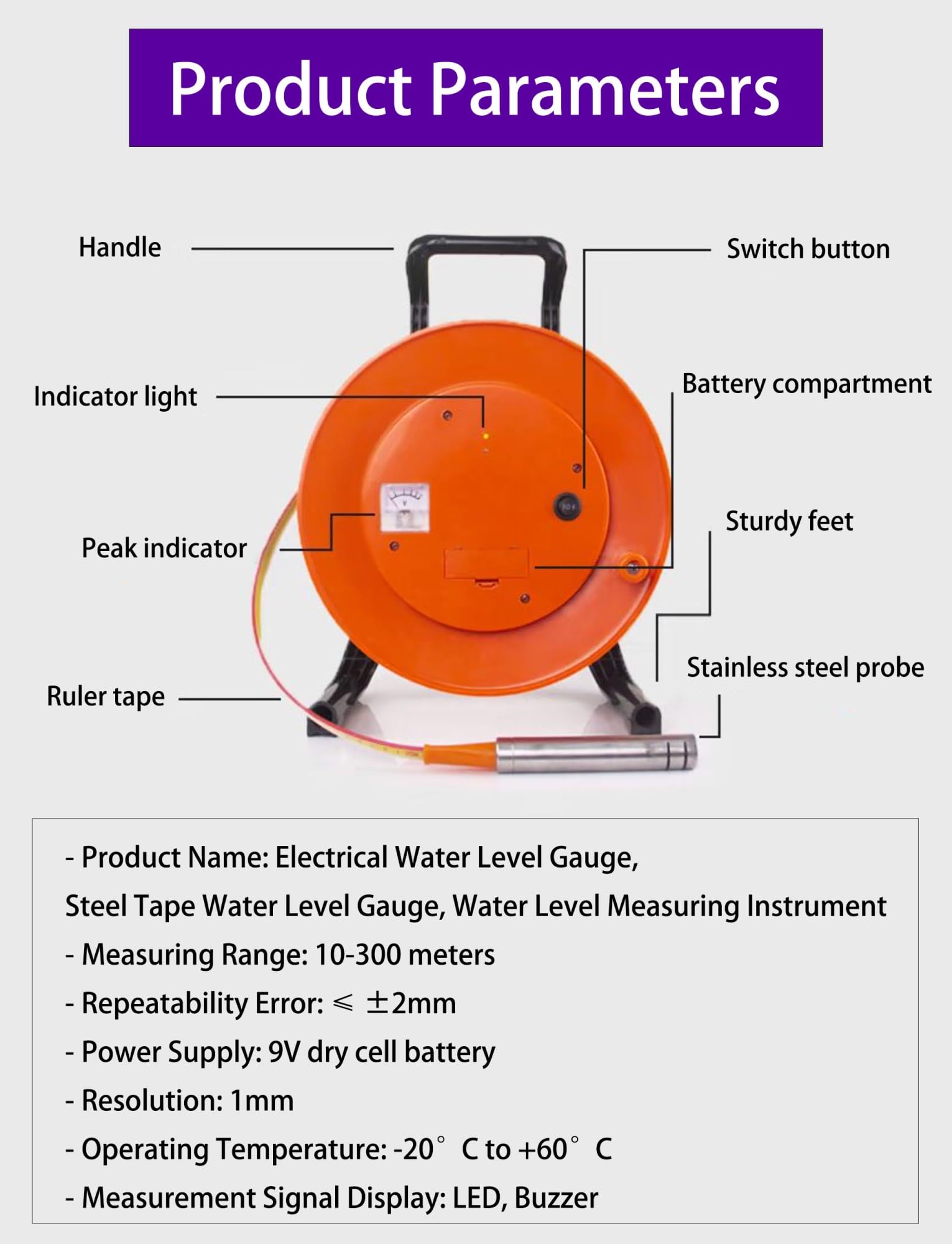 Medidor de nivel de agua for pozos profundos de 100 metros, con sonda de 25 mm, retención de pico e indicador LED for pozos, perforaciones y aguas subterráneas.(30 meters/98.4ft)