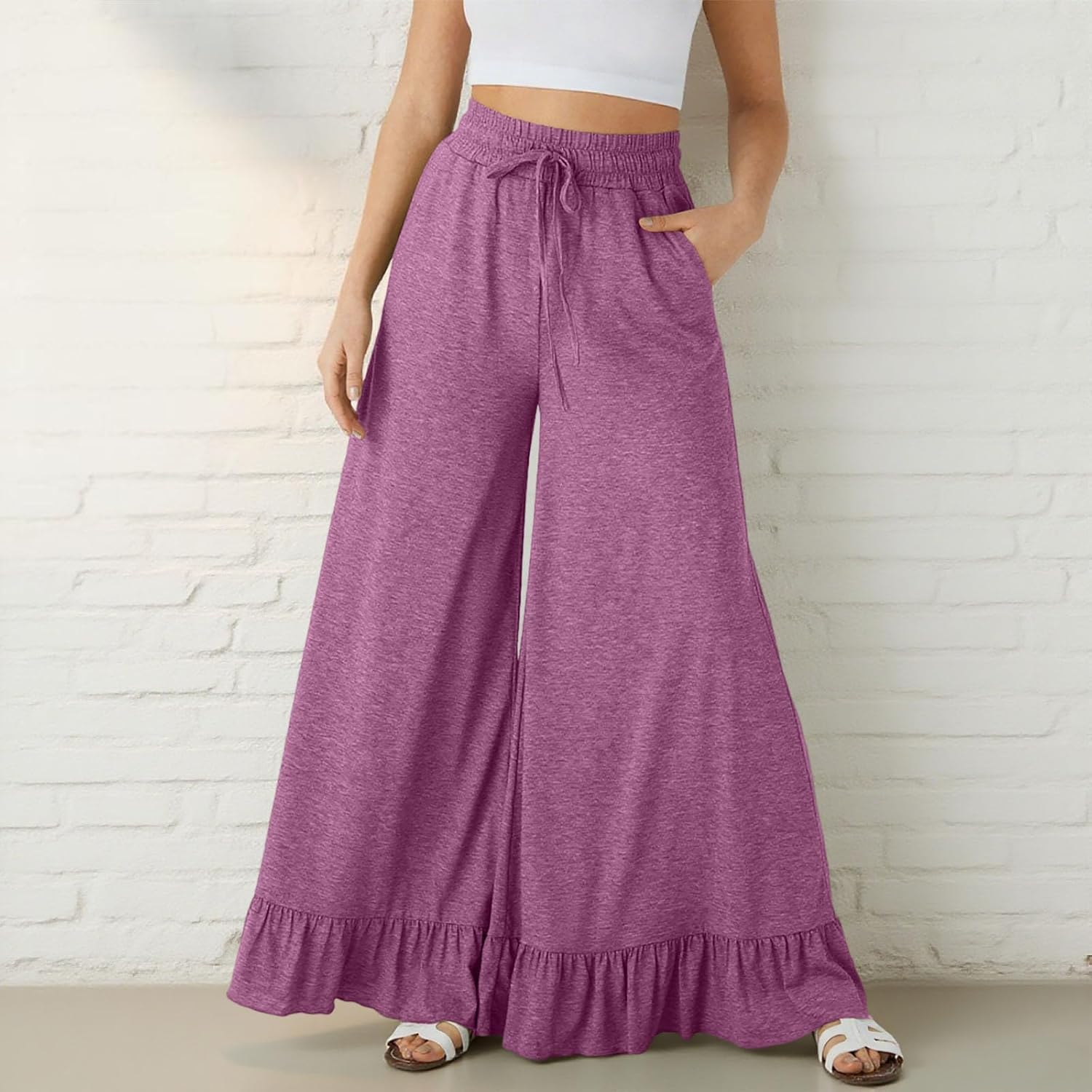 Womens Wide Leg Pants Drawstring Elastic High Waisted Ruffle Hem Palazzo Pant with Pockets Casual Baggy Solid Slack