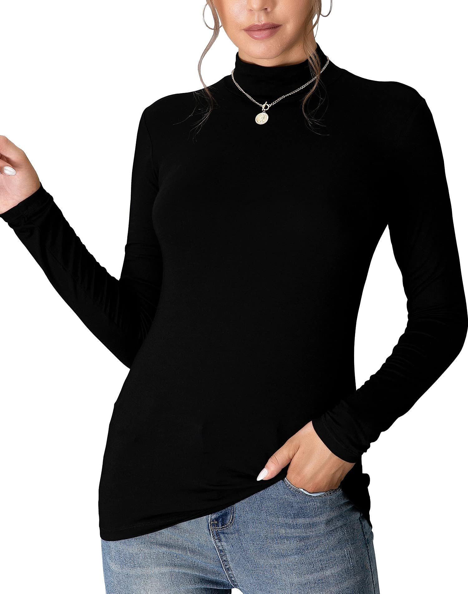 Women's Mock Turtle Neck Long Sleeve Sleeveless Pullover Tops Slim Fit Basic Lightweight Soft T-Shirts