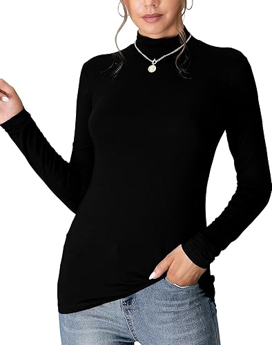 MANGDIUP Camiseta básica de manga larga con cuello alto falso para mujer, sin mangas, ajustada