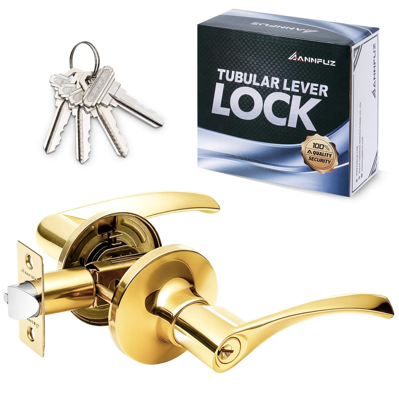 Annfuz Gold Entry Door Lever Handle Lock With Keys For Room/Office/Front Door,Entrance Interior Exterior Door Knob Hardware,Lockable,Not Keyed Alike,Reversible For Left/Right Side(Entry, )