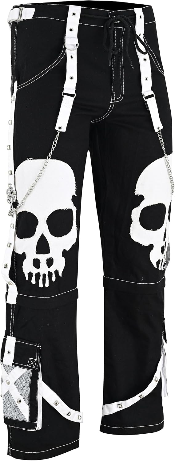 Gothic Punk Pants with Skull Design & Chain Straps – Black and White Alternative Fashion – 100% Cotton (US, Waist, 30, Regular, Black | White)