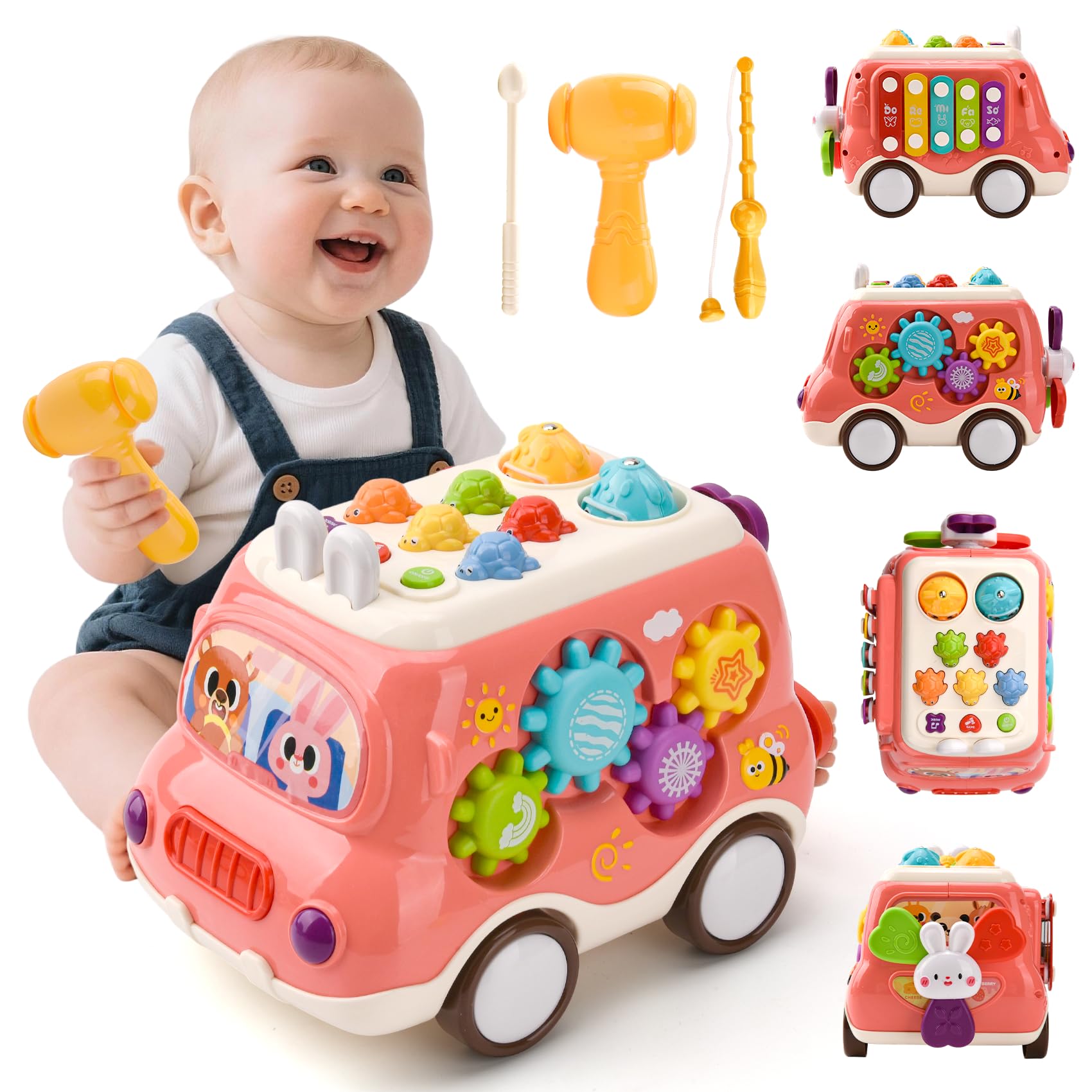 Giochi Bambini 1 Anno, Montessori Autobus Musicali, Giocattoli Bambini 1 2 Anni, Giochi Montessori 1 2 Anno, Regalo di Compleanno per Bambini di 1-2 Anni (Rosa)