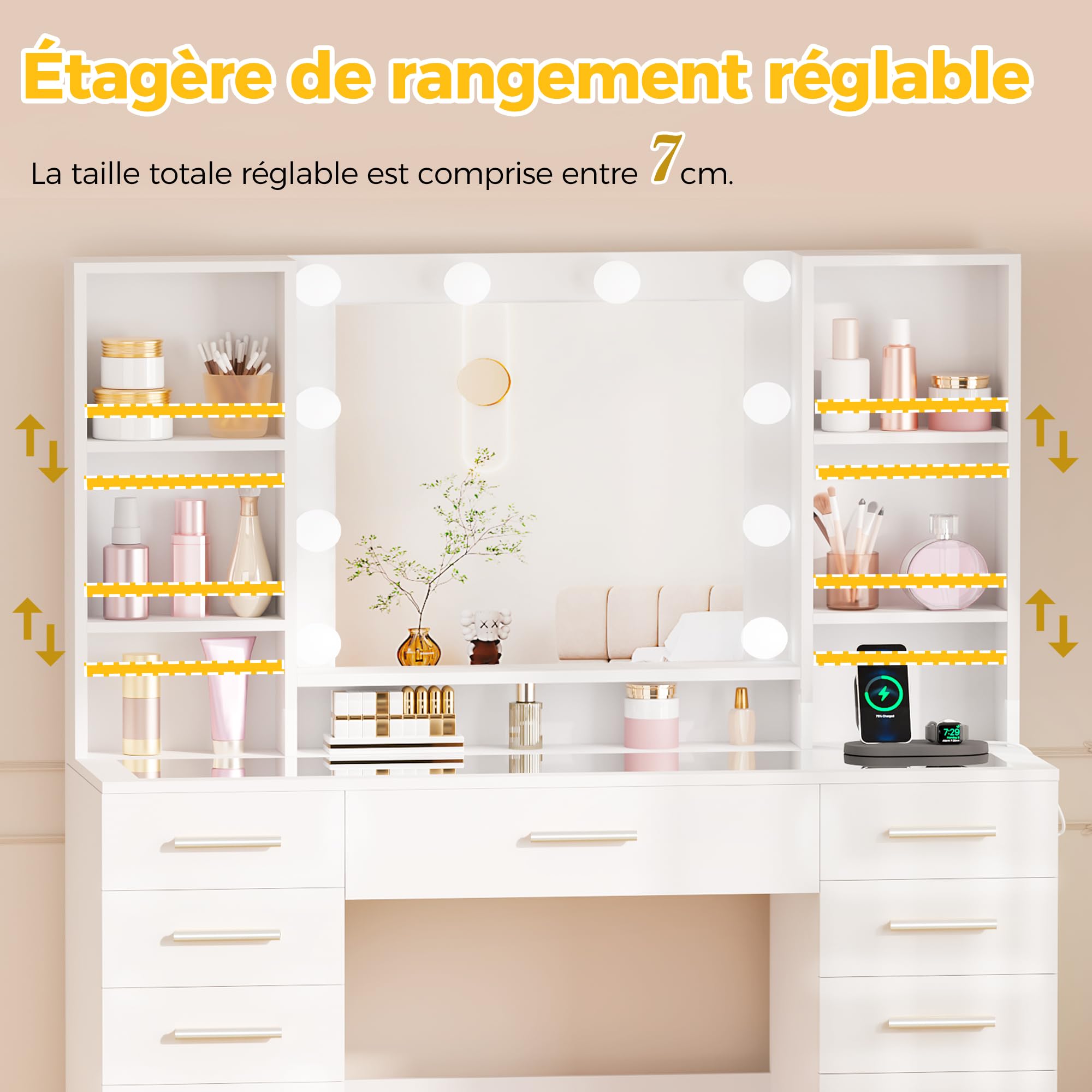 ANWBROAD Grande Coiffeuse avec Miroir LED,Luminosité Réglable,3 Couleurs,Coiffeuse avec Plateau en Verre et Prise,Table de Maquillage avec 13 Tiroirs,7 Étagères Ouvertes,Blanc BDT19X