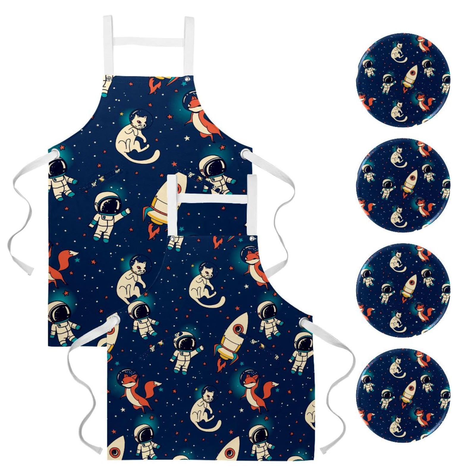 Lot de 2 tabliers de cuisine avec 4 broches design chat et renard