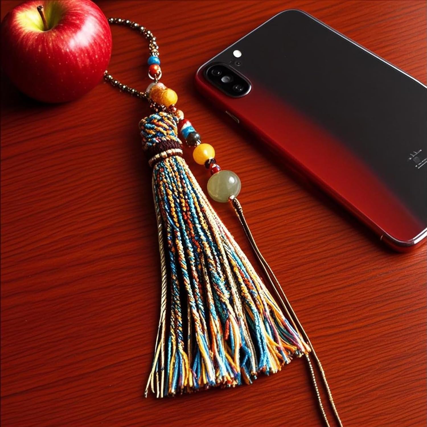 Handmade Tibetan Yarn Tassel Keychain, Boho Phone Chain with Amber & Jade Beads, Pendant Decoration for Car Keys/Backpacks. - Image 4