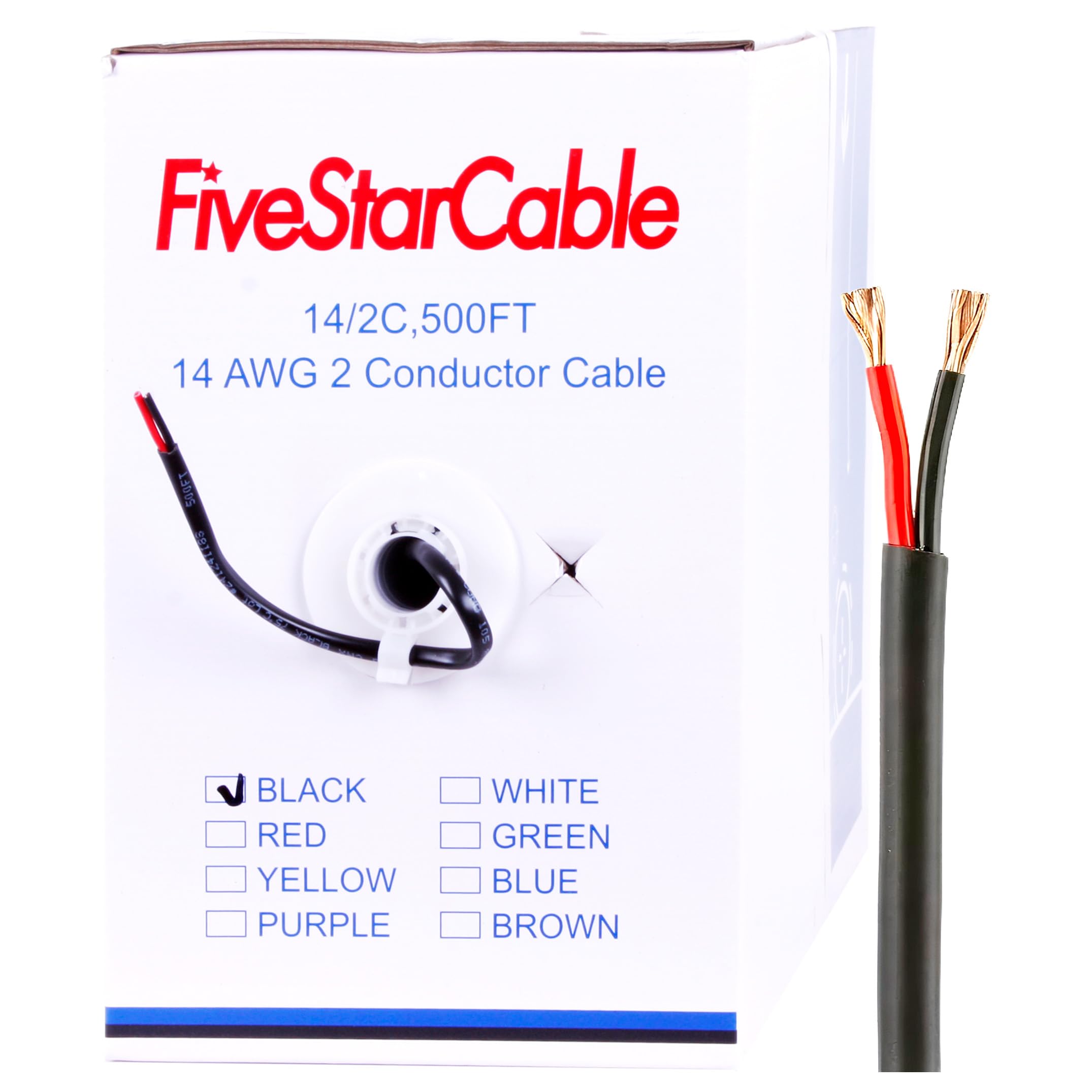 FiveStarCable 14-2 500ft 2 Conductors 14 Guage Electrical Wire in Pull Box, Flexible Stranded Cable for Lighting Circuits, outlets, and Simple