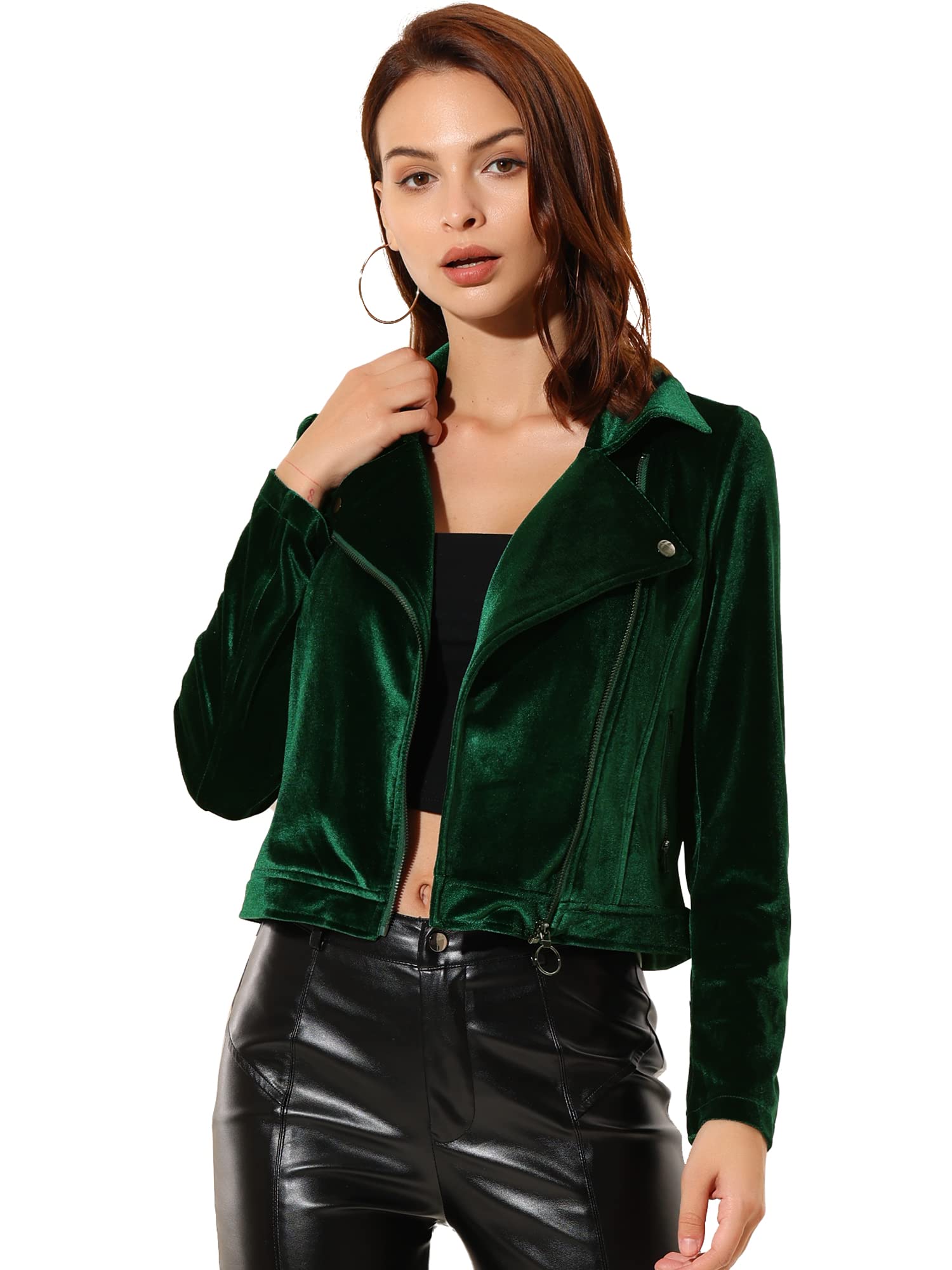 Allegra K Women's Velvet Moto Jacket Cropped Blazer Zip Up Motorcycle Lapel Collar Winter Dressy Jackets Coat 2025