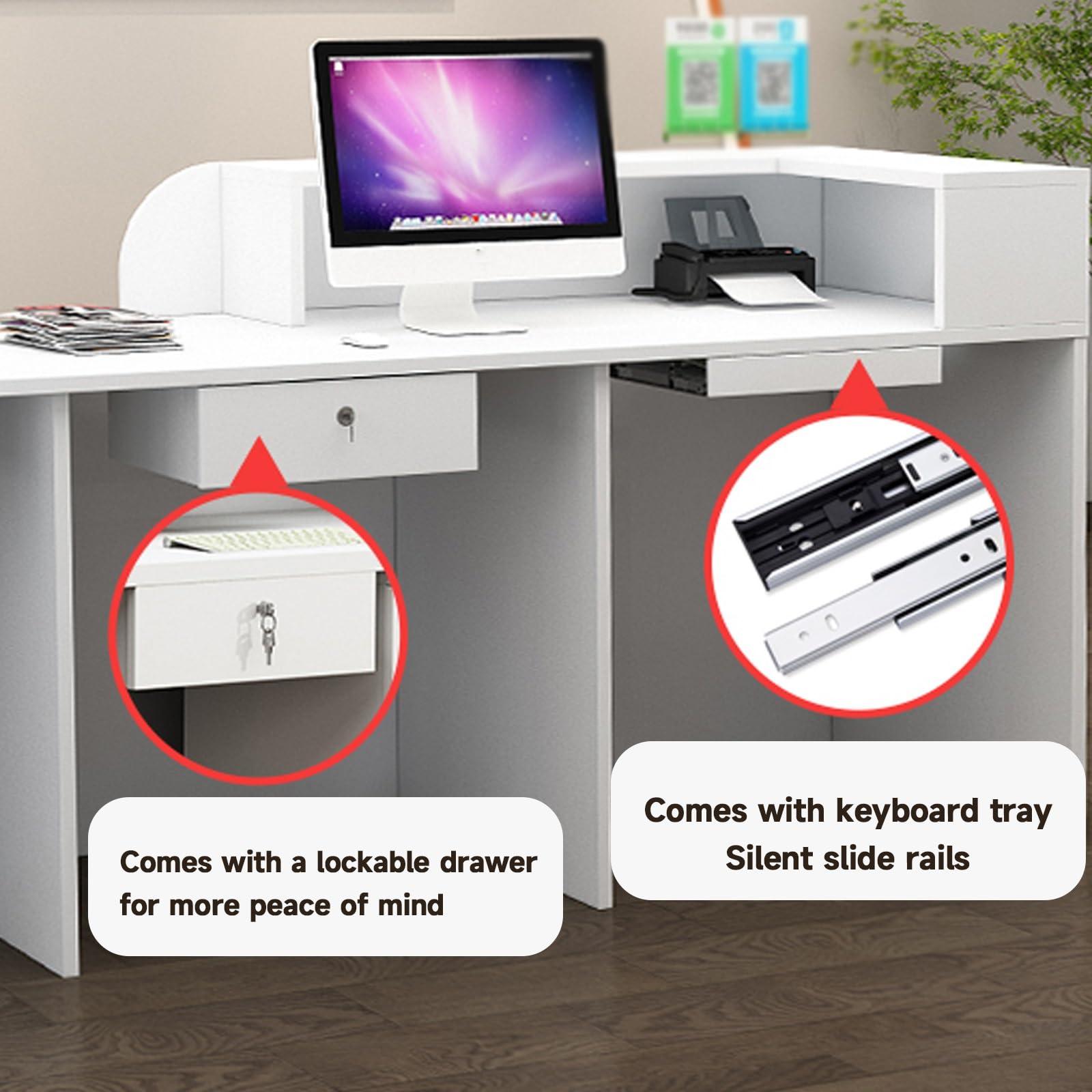 Moderno ufficio reception scrivania con luci LED, ampio spazio di archiviazione, finitura crema, 130 cm, ideale per aziende, hotel e spazi di lavoro