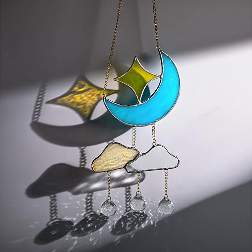 Miniatura 5 de Colgantes de vitrales hechos a mano para luna creciente con nubes de estrellas, decoraciones de prismas de cristal de arco iris, atrapasoles arte de