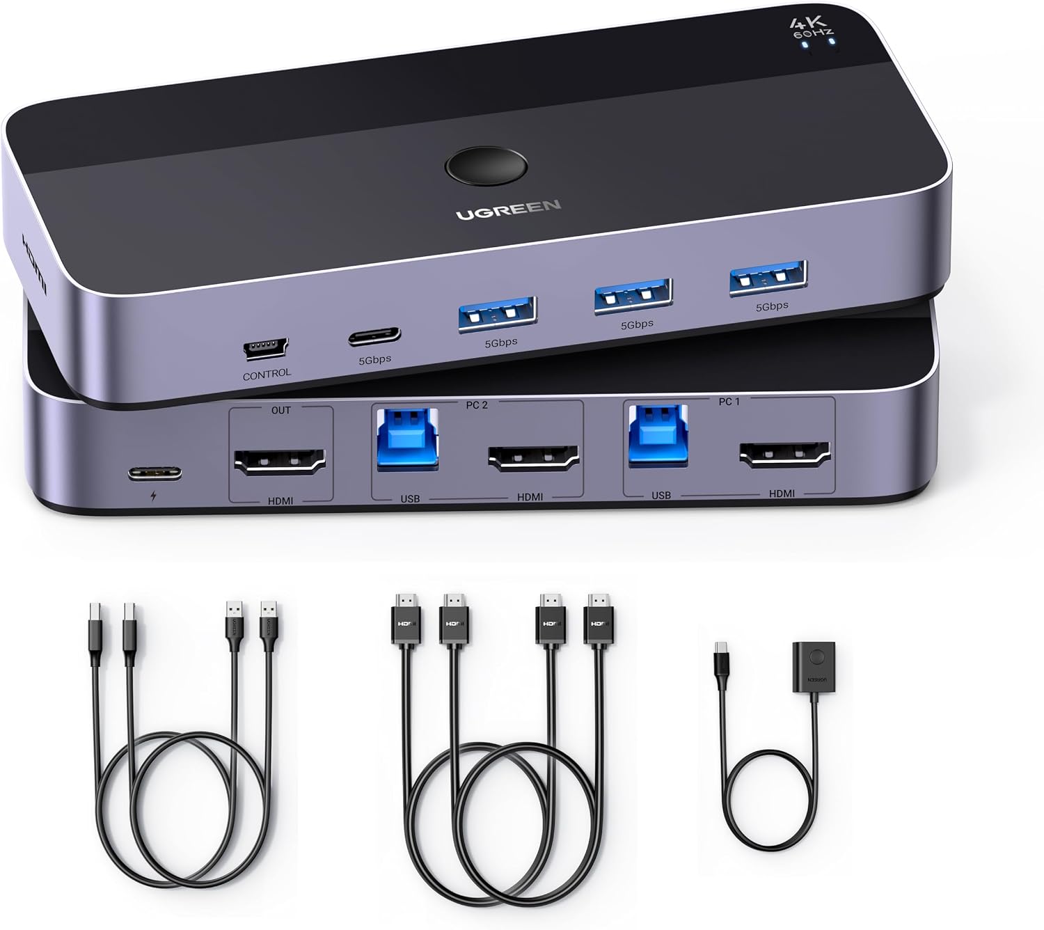 UGREEN HDMI KVM Switch 1 Monitor 2 Computers, Aluminum, 4K@60Hz, 4 USB 3.0